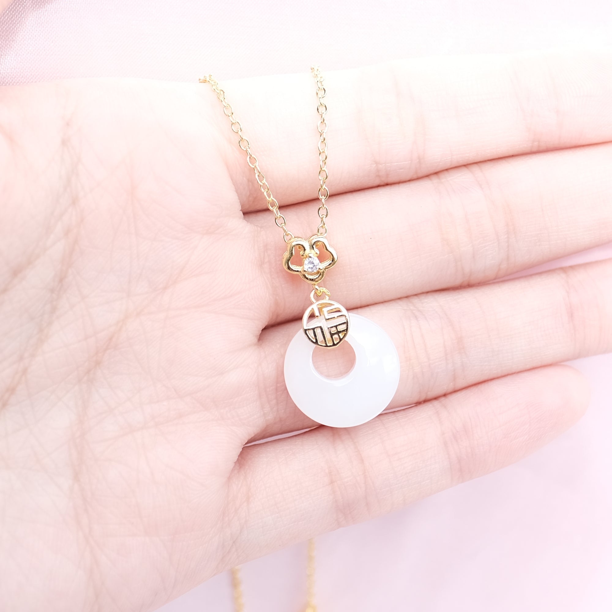 MOKMOK JEWELRY White Jade Donut Lucky Charm Ping An Kou Necklace