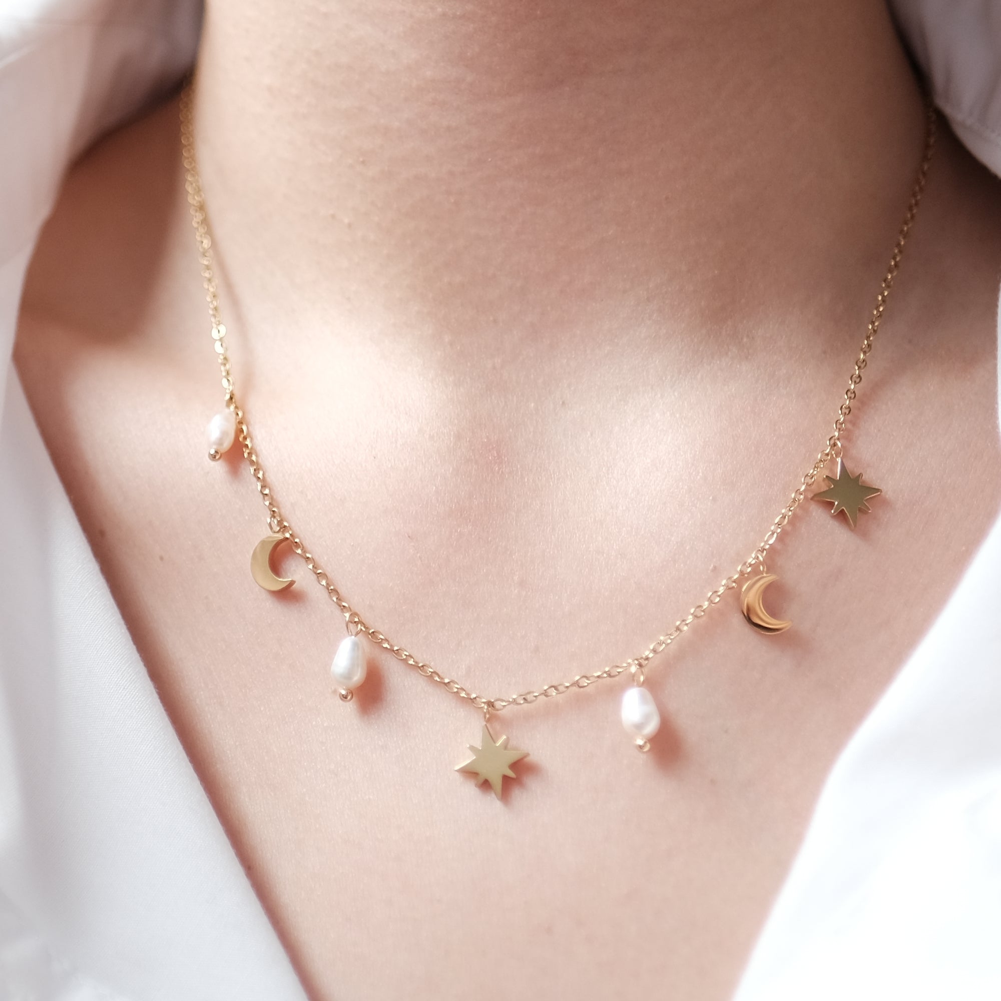 MOKMOK JEWELRY Festive Star and Moon Charm Freshwater Pearl Necklace