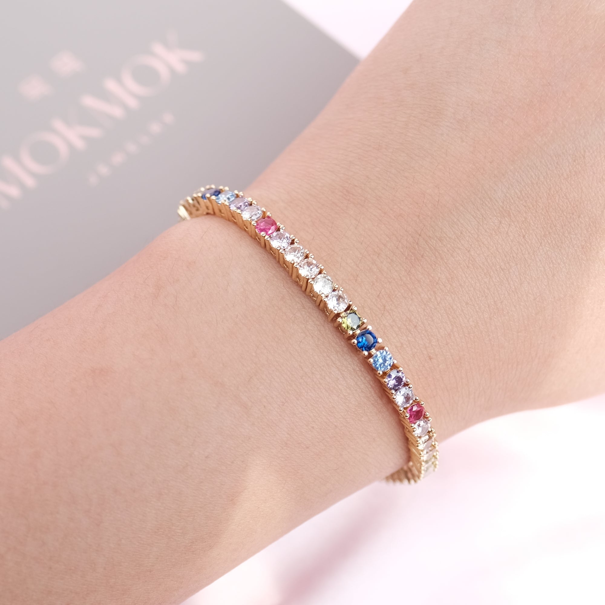MOKMOK Jewelry LIMITED EDITION Rainbow Tennis Bracelet 4 prong 3mm - in gold