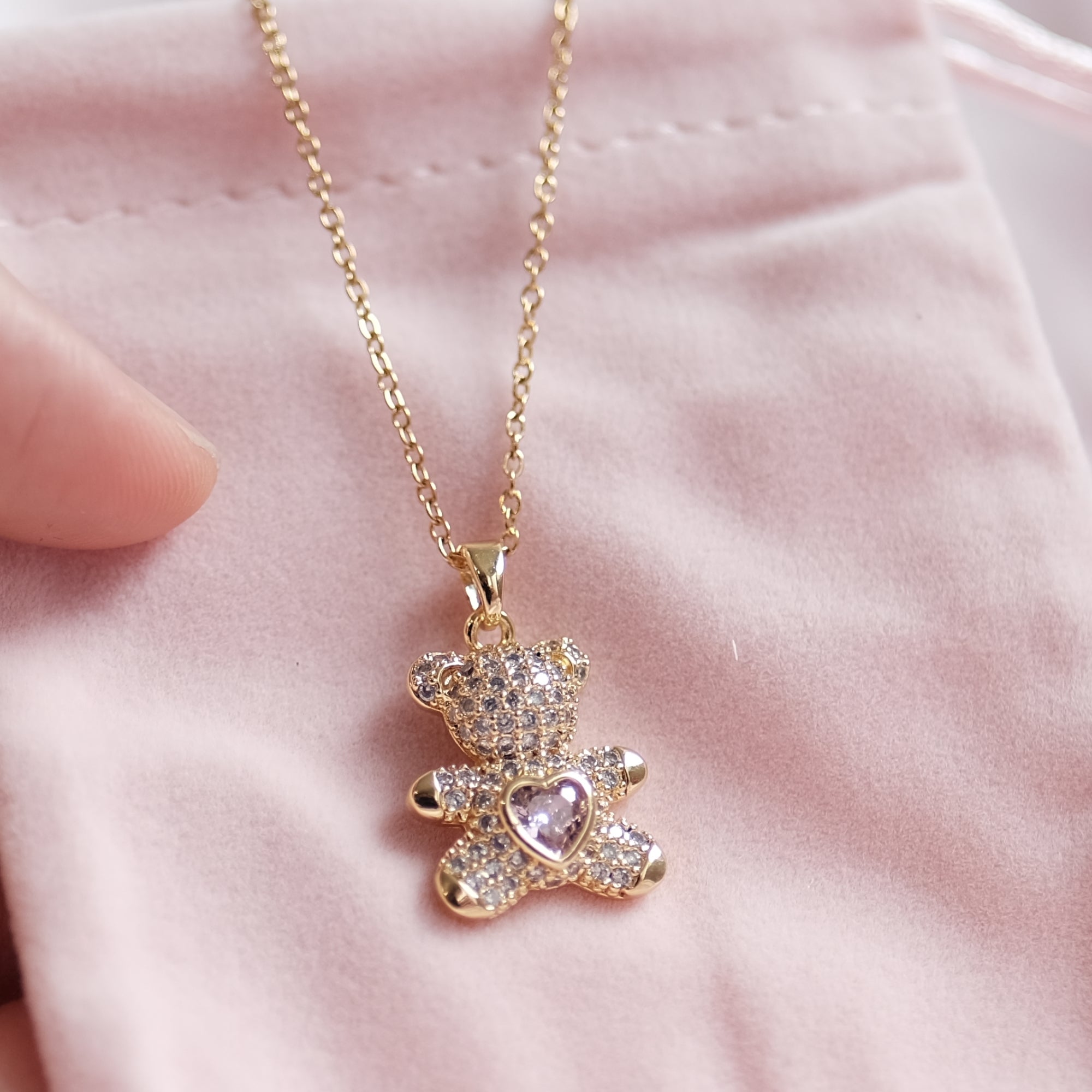 MOKMOK JEWELRY Gold Sparkly Gummy Bear Teddy Necklace Center Zirconium Diamond