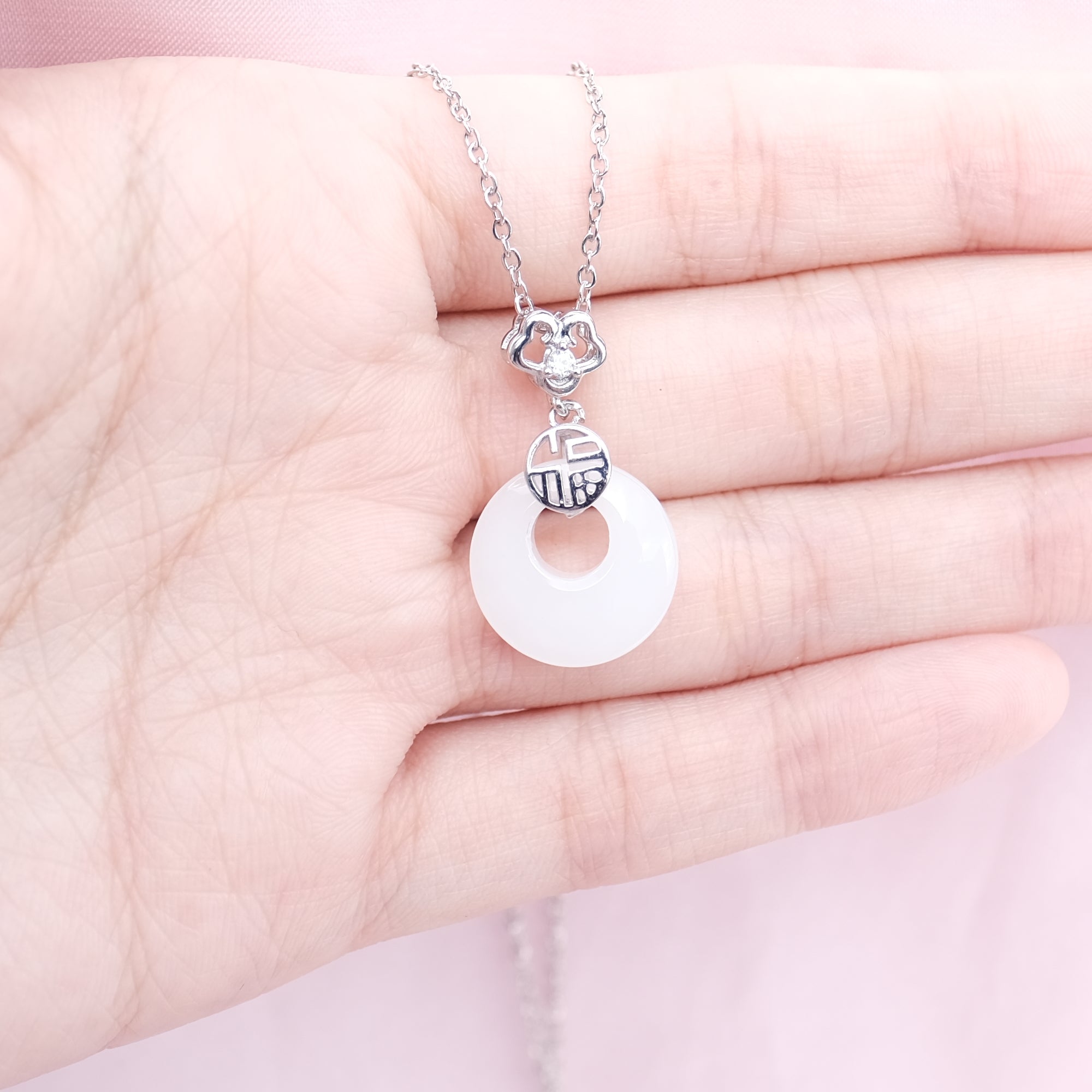 MOKMOK JEWELRY White Jade Donut Lucky Charm Ping An Kou Necklace