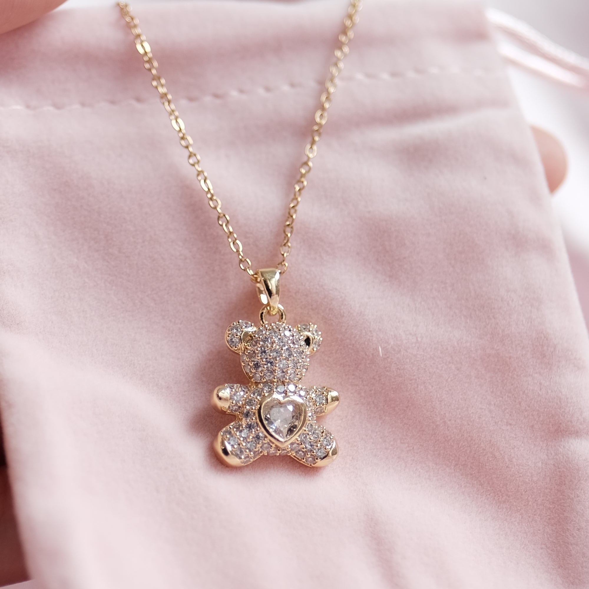 MOKMOK JEWELRY Gold Sparkly Gummy Bear Teddy Necklace Center Zirconium Diamond