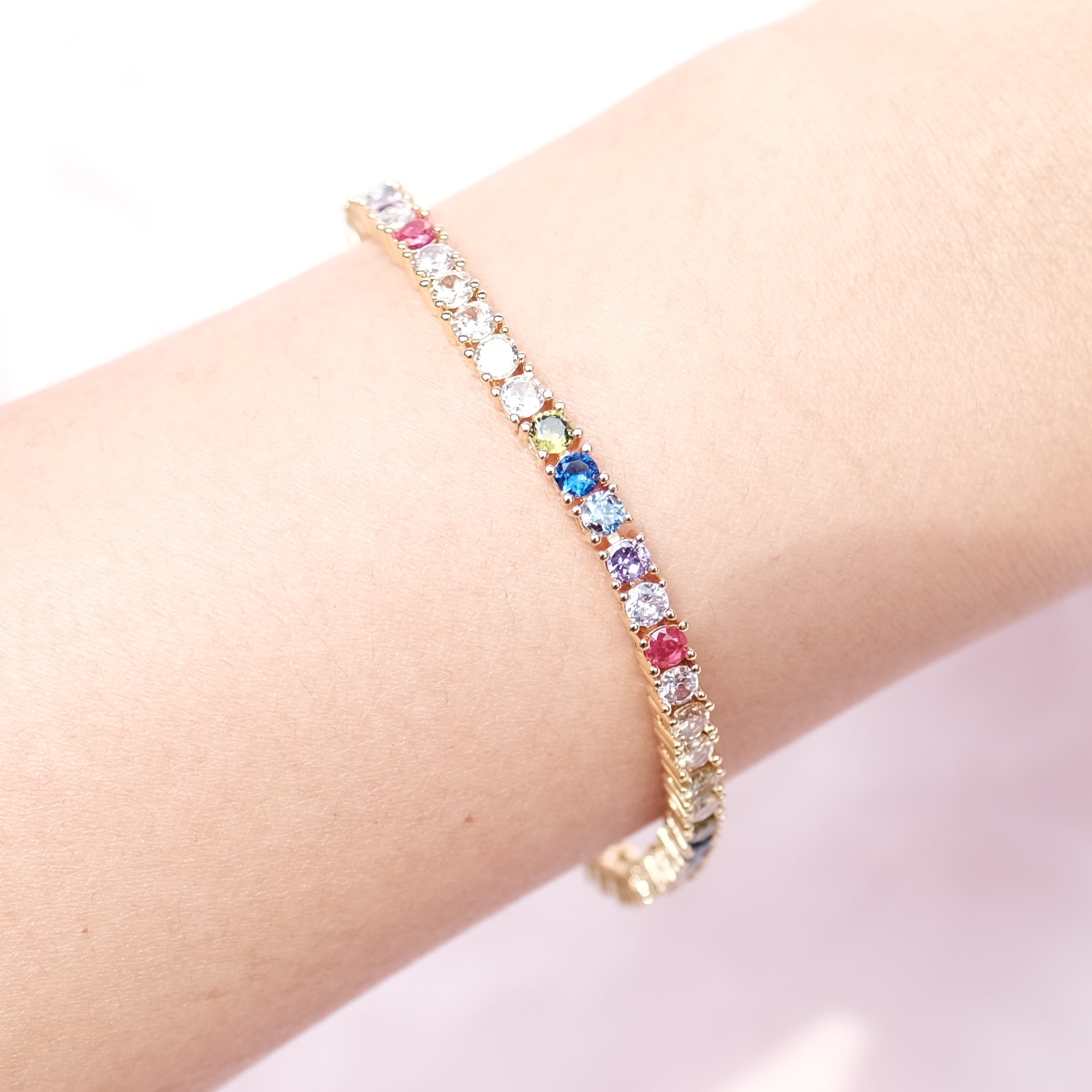 MOKMOK Jewelry LIMITED EDITION Rainbow Tennis Bracelet 4 prong 3mm - in gold