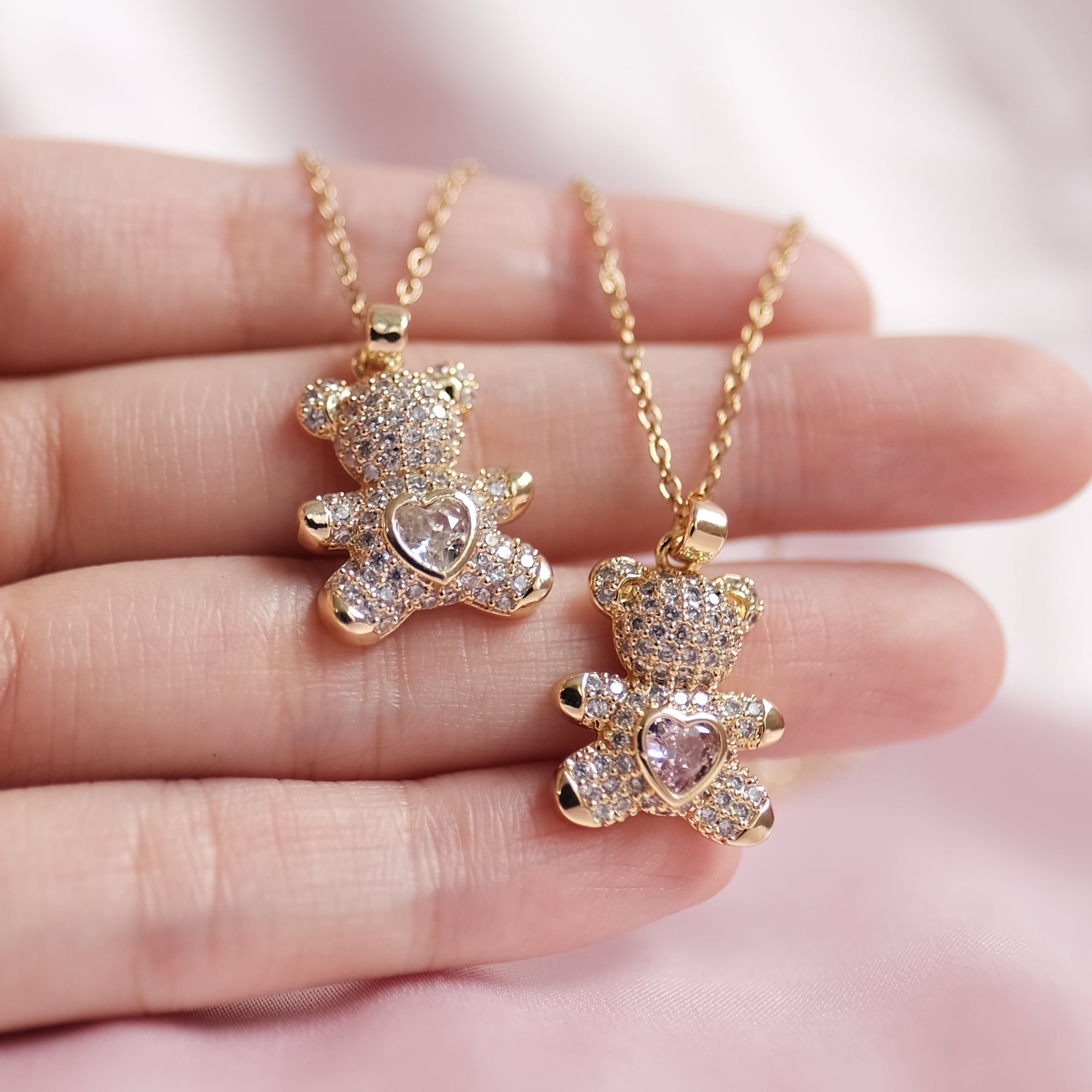 MOKMOK JEWELRY Gold Sparkly Gummy Bear Teddy Necklace Center Zirconium Diamond