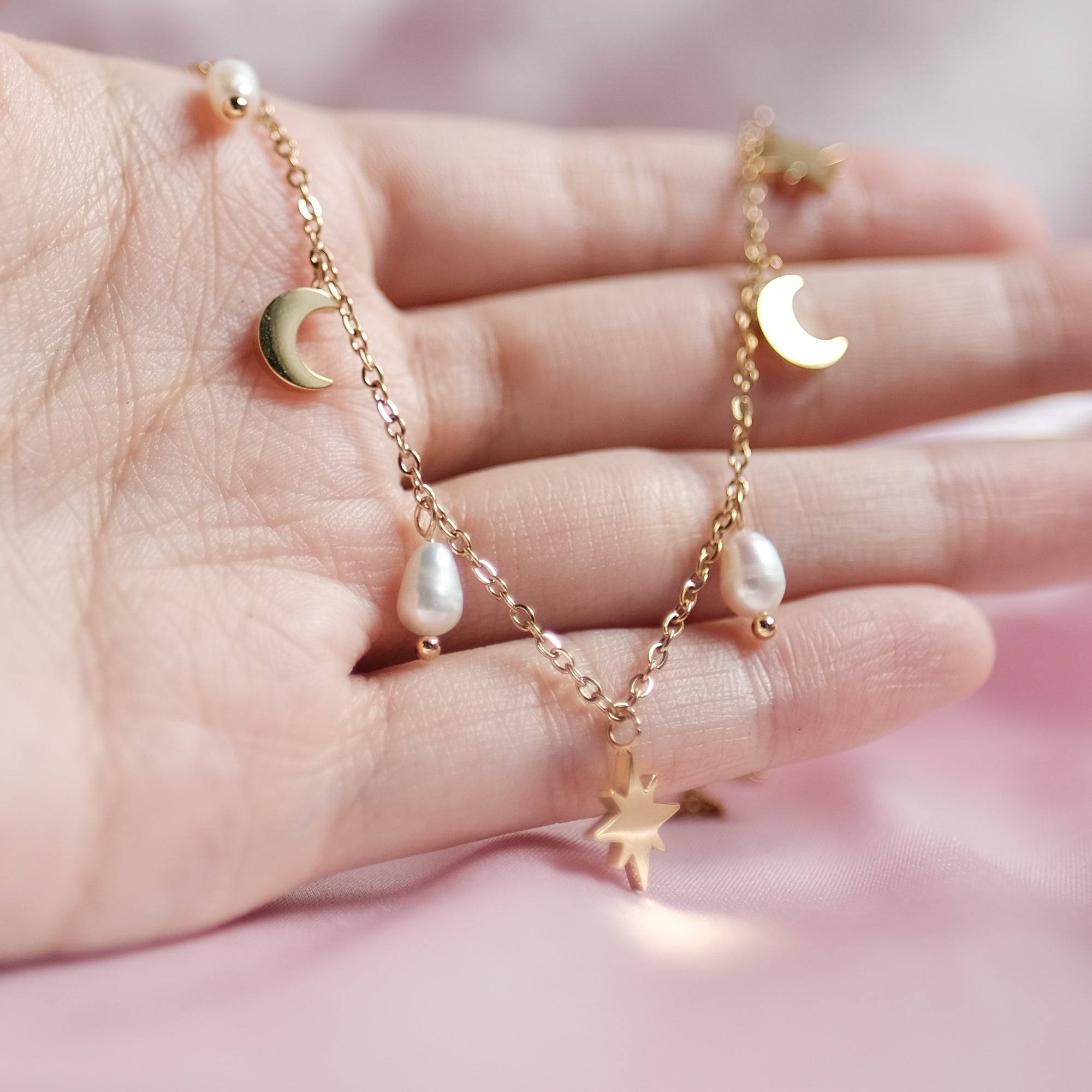 MOKMOK JEWELRY Festive Star and Moon Charm Freshwater Pearl Necklace