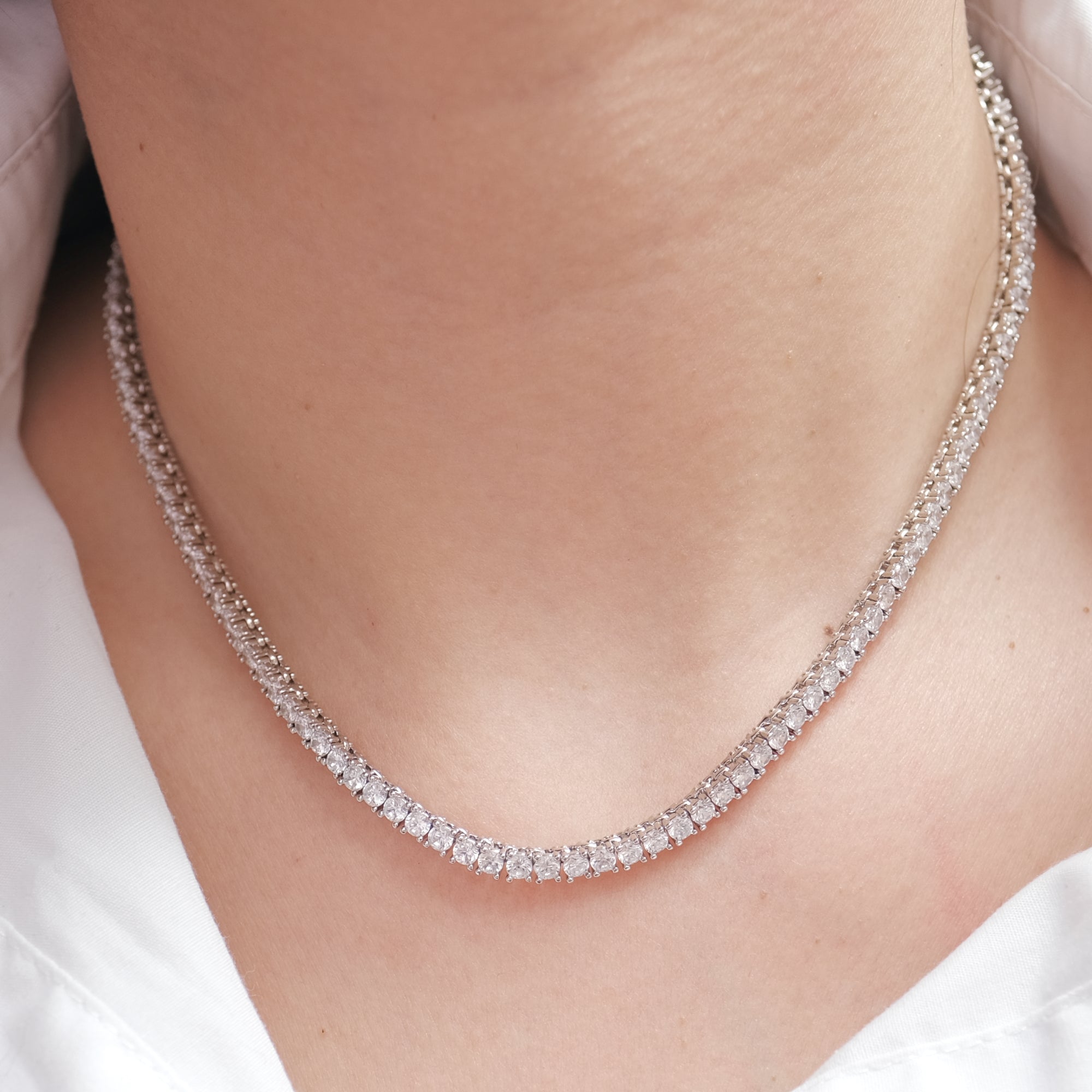MOKMOK JEWELRY Luxury Sparkling Diamond Silver Tennis Necklace - 5A grade zircon - 3mm 4 Prong