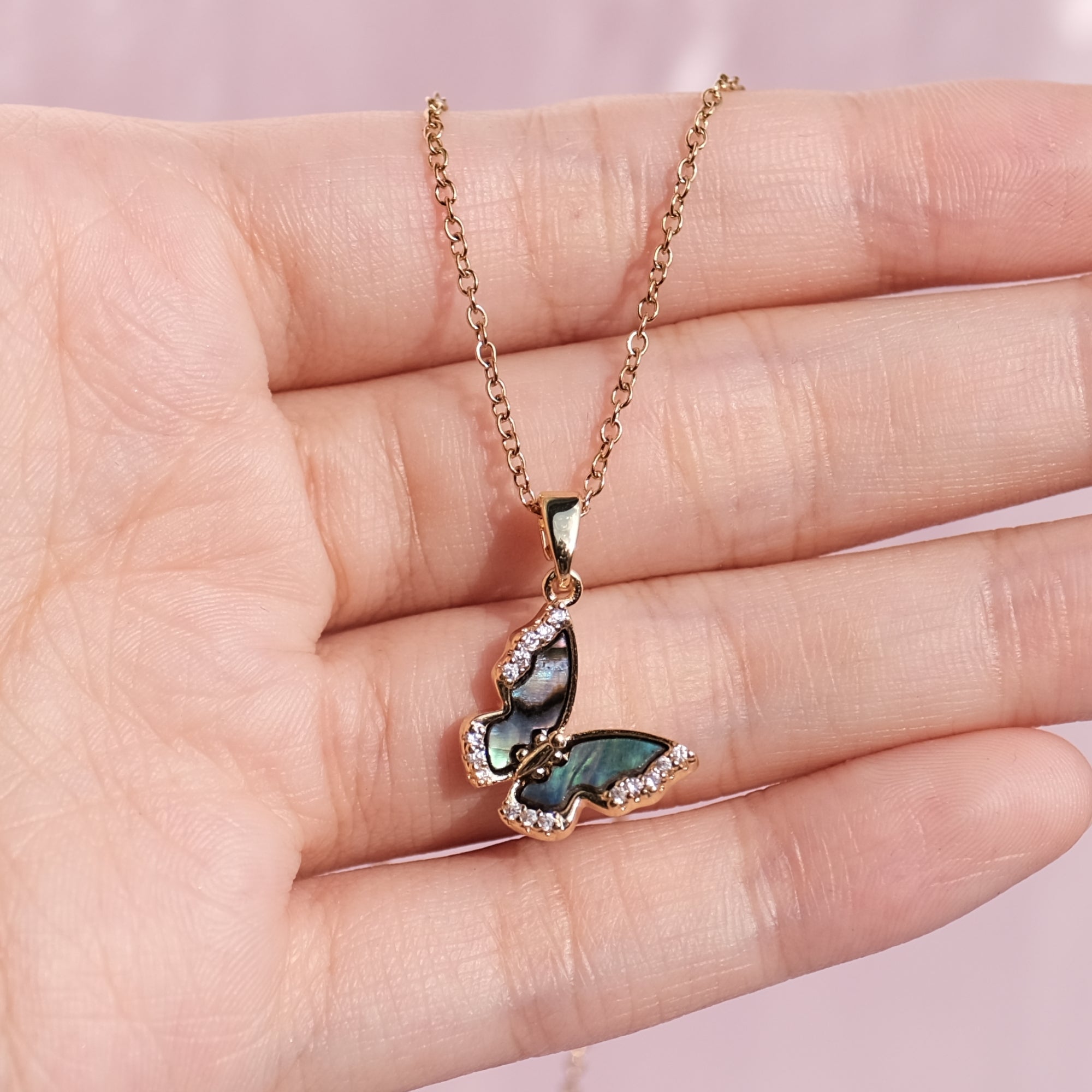 Enchanting Abalone Shell Butterfly Necklace with Zirconium Diamonds - Titanium Steel Chain