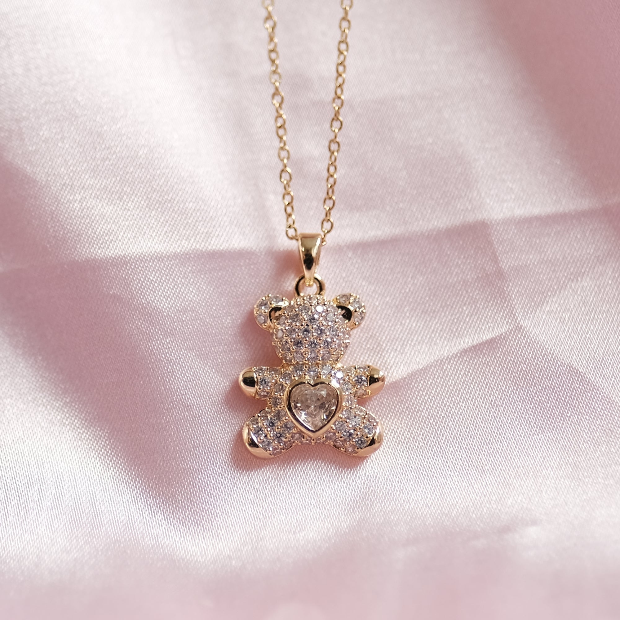 MOKMOK JEWELRY Gold Sparkly Gummy Bear Teddy Necklace Center Zirconium Diamond