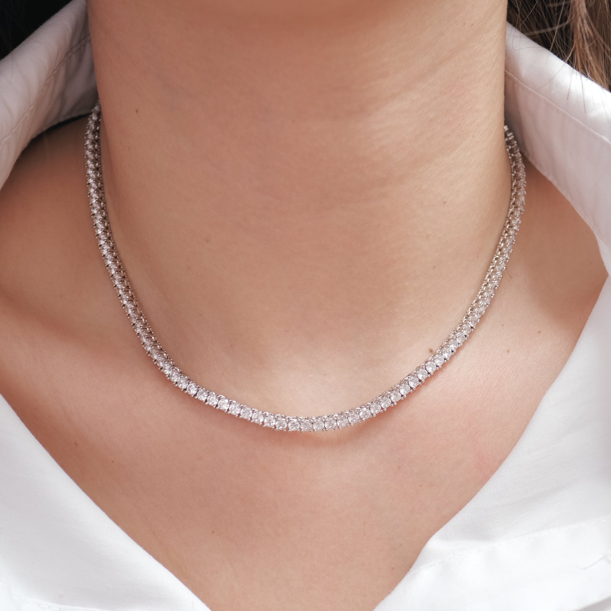 MOKMOK JEWELRY Luxury Sparkling Diamond Silver Tennis Necklace - 5A grade zircon - 3mm 4 Prong