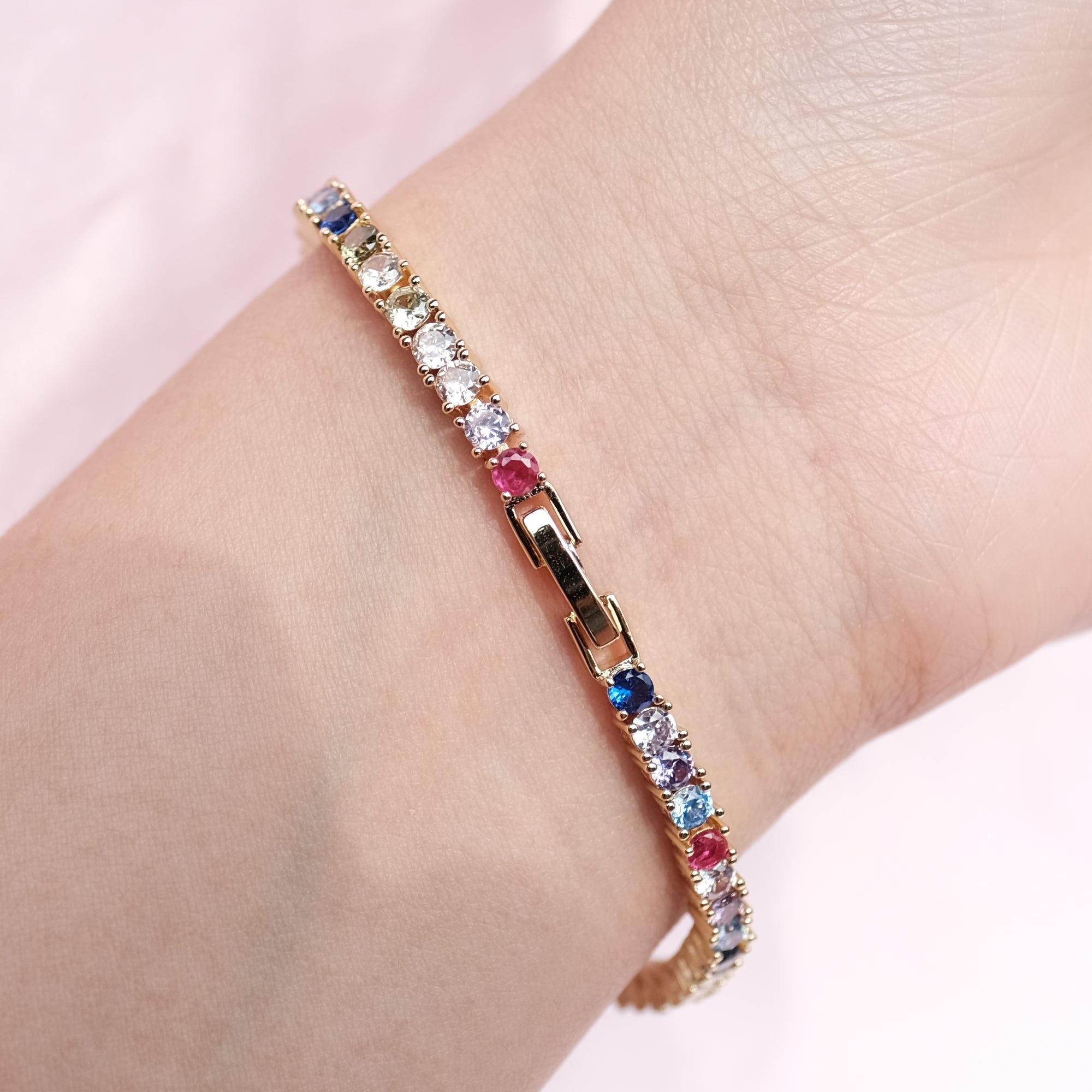 MOKMOK Jewelry LIMITED EDITION Rainbow Tennis Bracelet 4 prong 3mm - in gold
