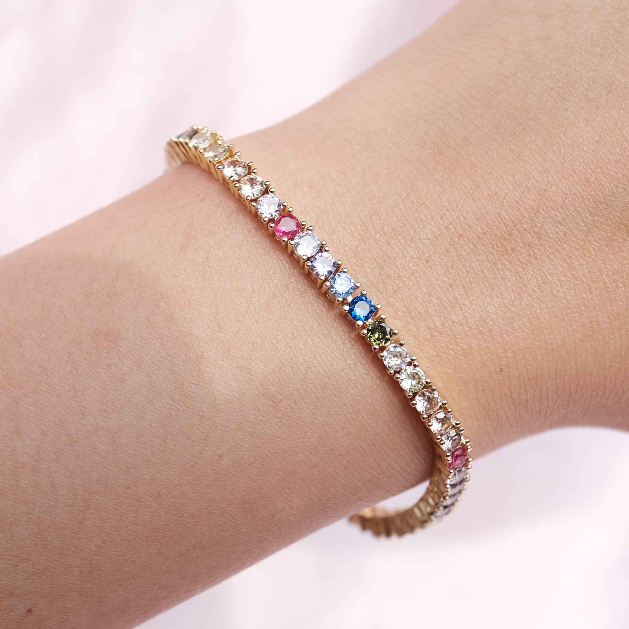 MOKMOK Jewelry LIMITED EDITION Rainbow Tennis Bracelet 4 prong 3mm - in gold