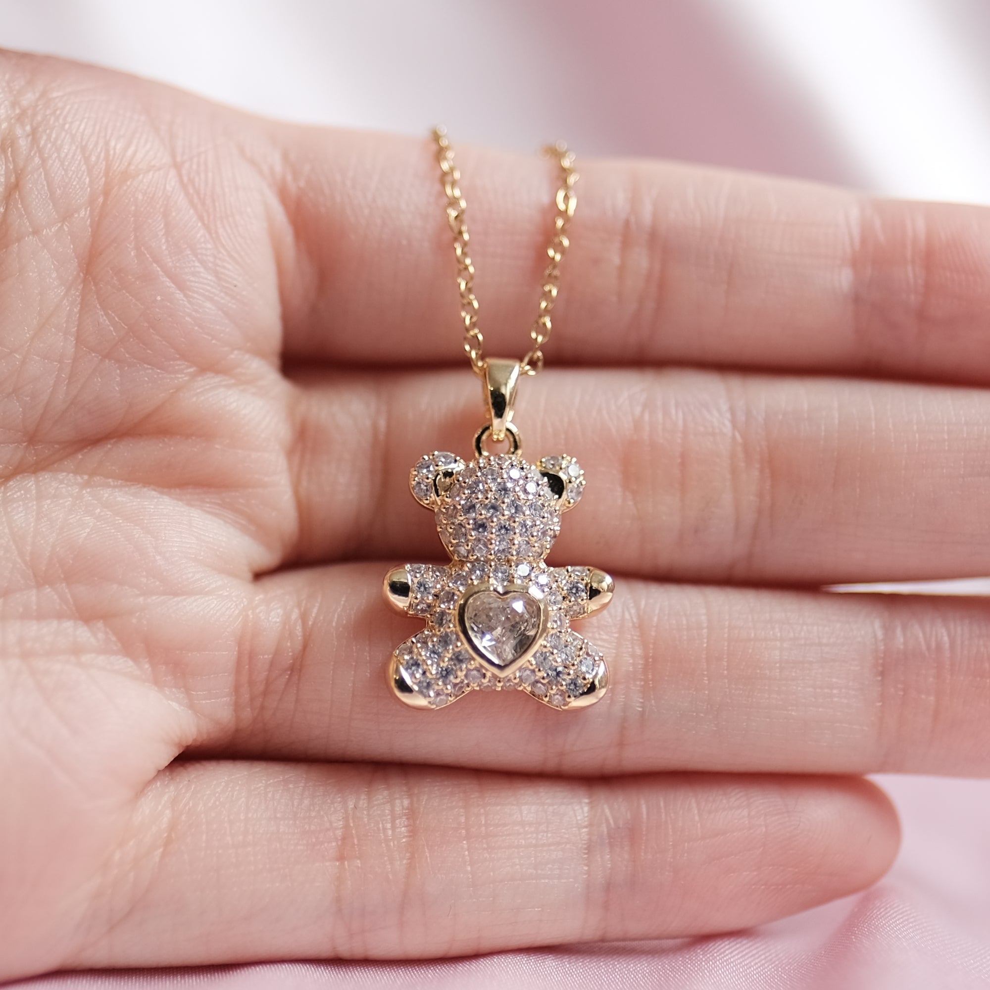 MOKMOK JEWELRY Gold Sparkly Gummy Bear Teddy Necklace Center Zirconium Diamond