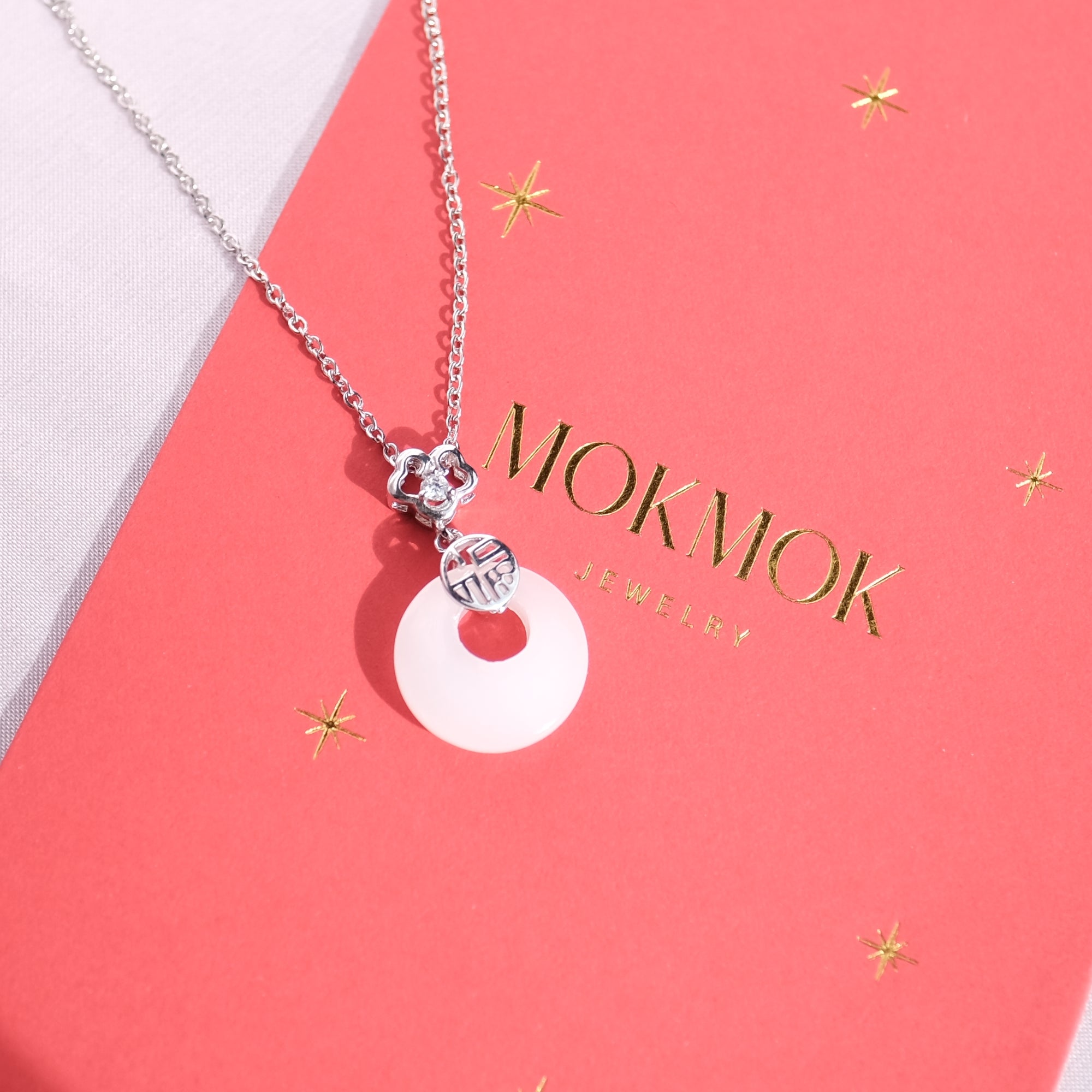 MOKMOK JEWELRY White Jade Donut Lucky Charm Ping An Kou Necklace