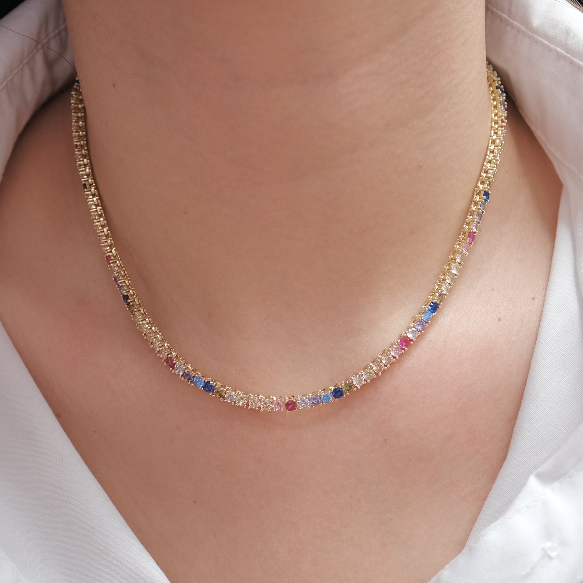 MOKMOK JEWELRY Luxury Sparkling Diamond Rainbow Tennis Necklace - 5A grade zircon - 3mm 4 Prong