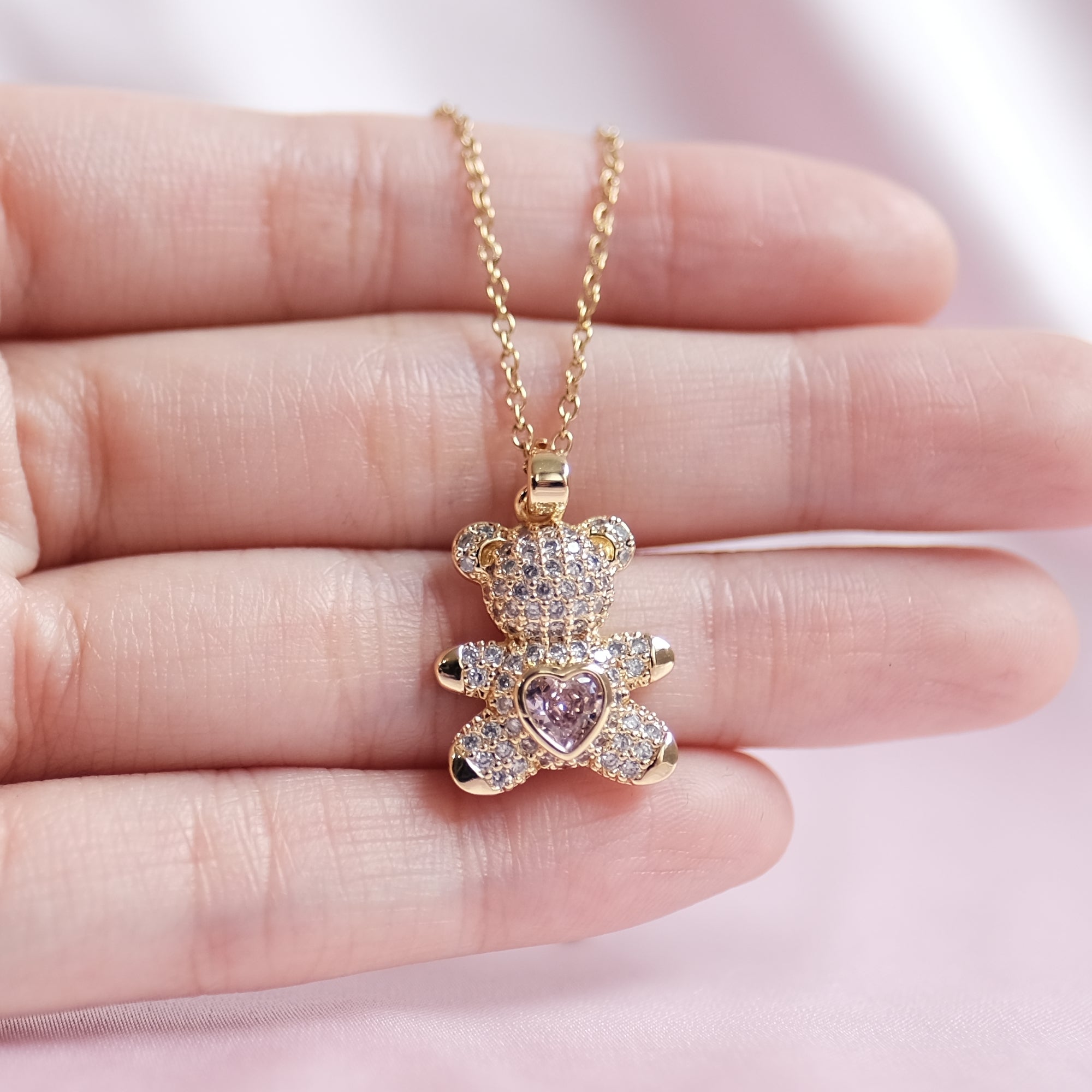 MOKMOK JEWELRY Gold Sparkly Gummy Bear Teddy Necklace Center Zirconium Diamond