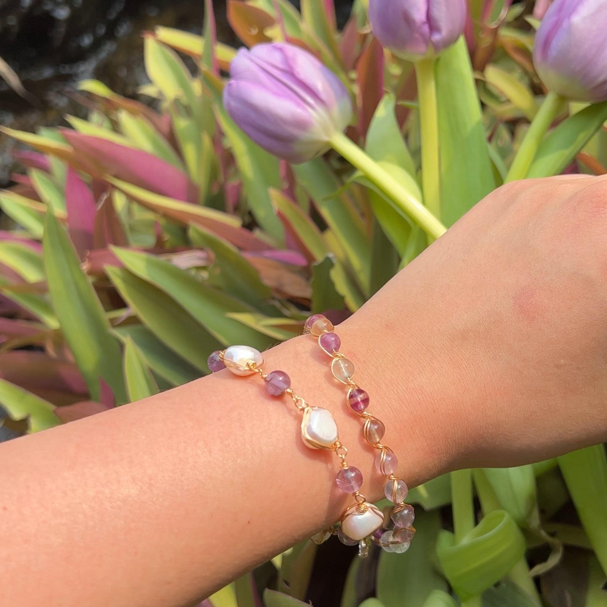 Pearl & Amethyst Crystal Bracelets (Set of 2)