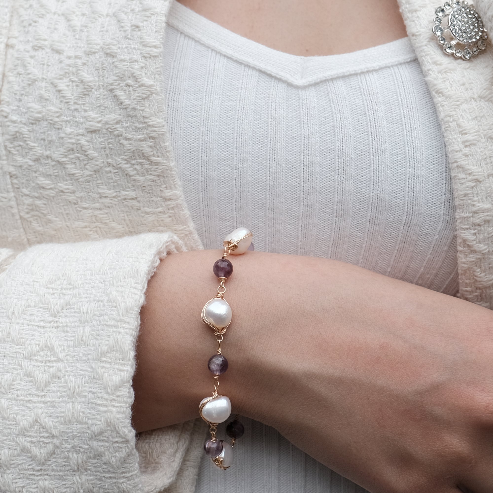 Freshwater Pearl and Amethyst Calming Crystal Bracelet