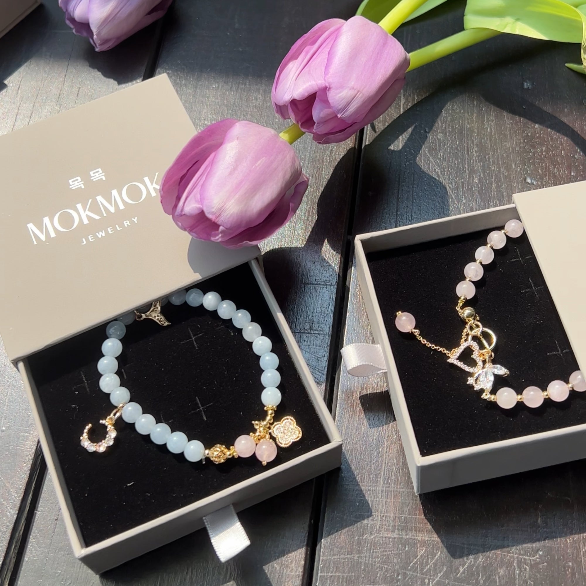 Rose Quartz & Aquamarine Crystal Bracelets (Set of 2)