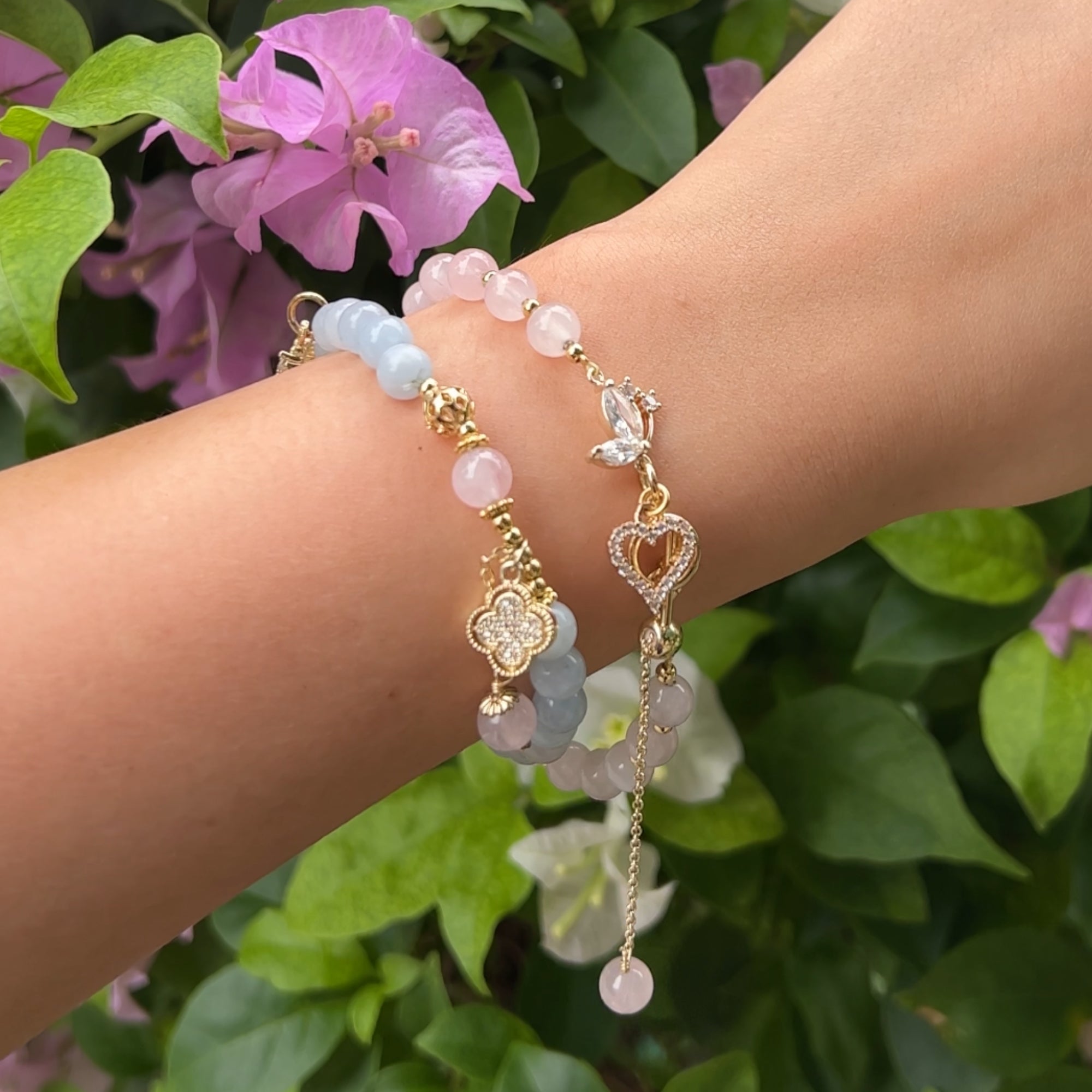 Rose Quartz & Aquamarine Crystal Bracelets (Set of 2)