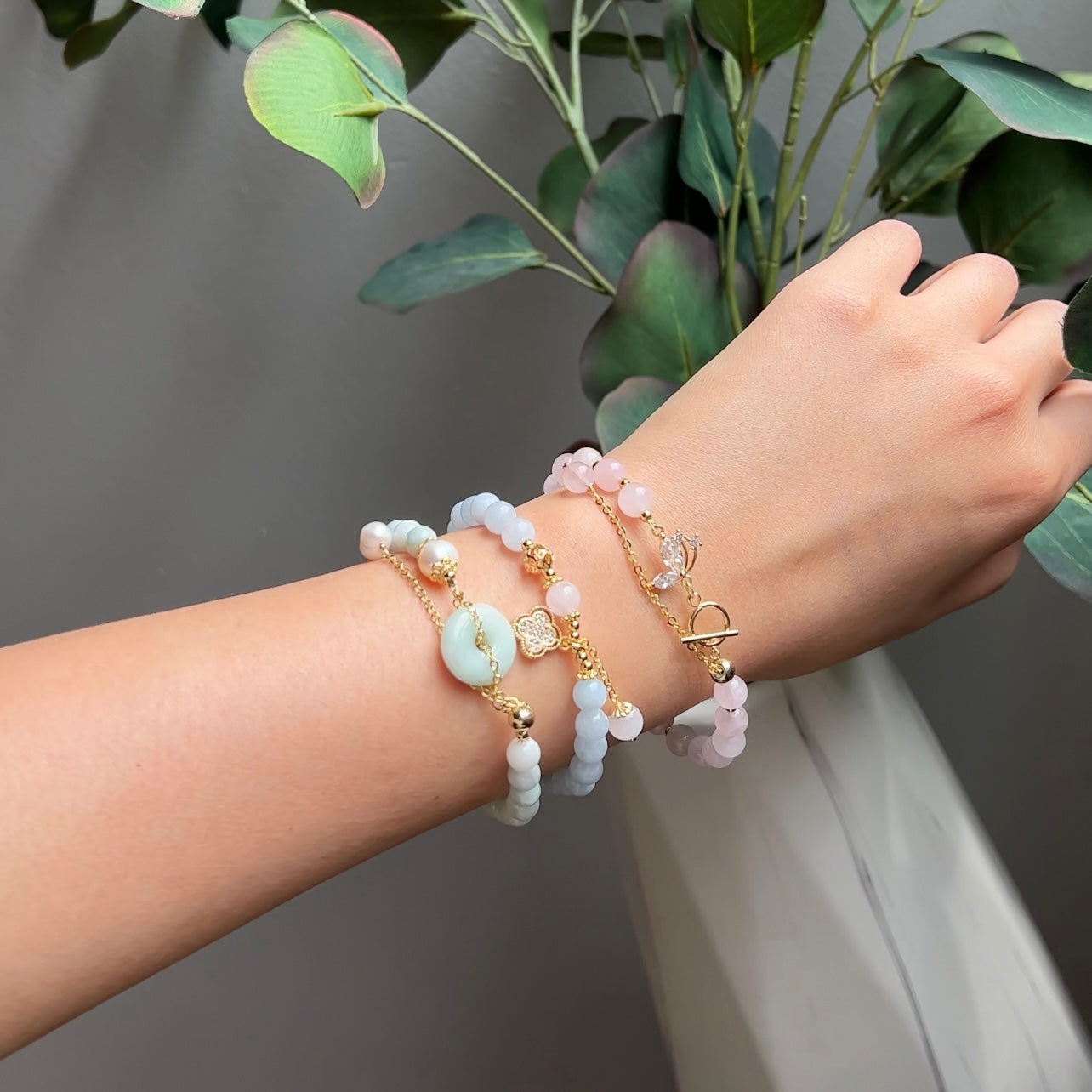 Jade, Rose Quartz & Aquamarine Crystal Bracelets (Set of 3)