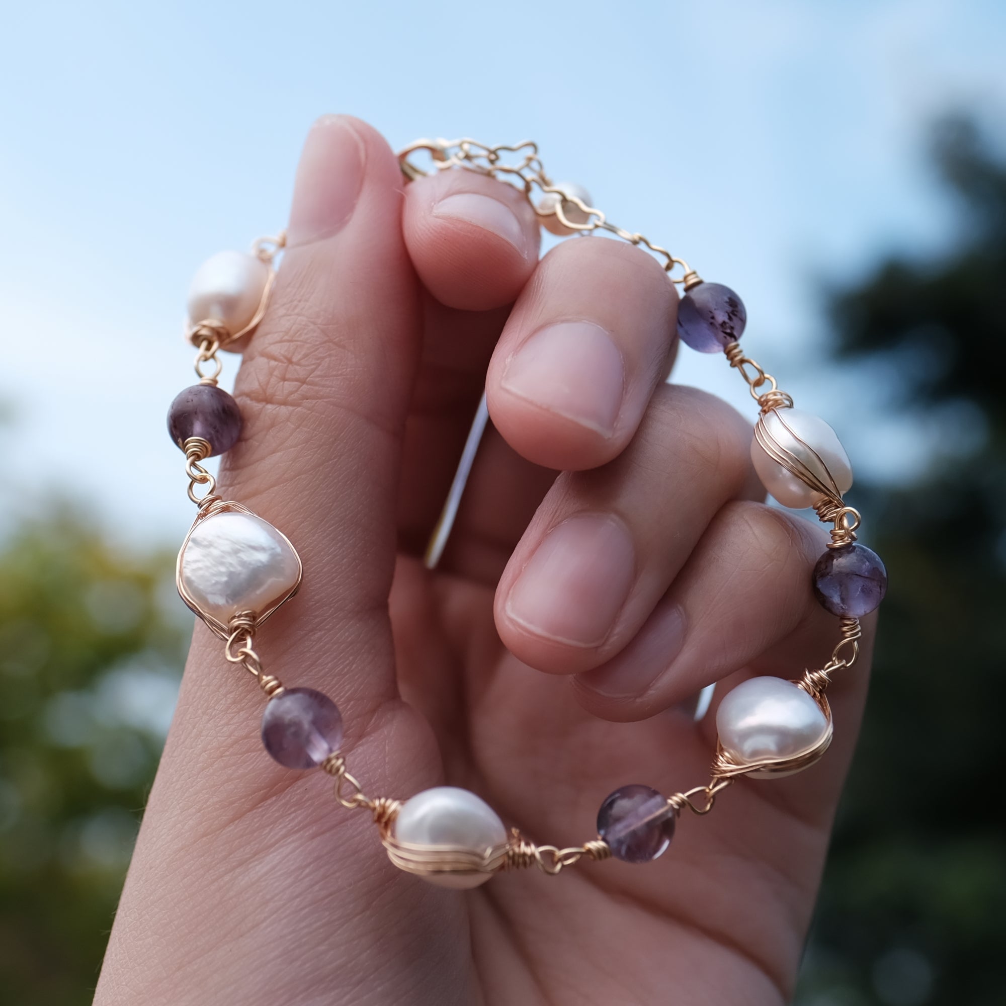 Pearl & Amethyst Crystal Bracelets (Set of 2)