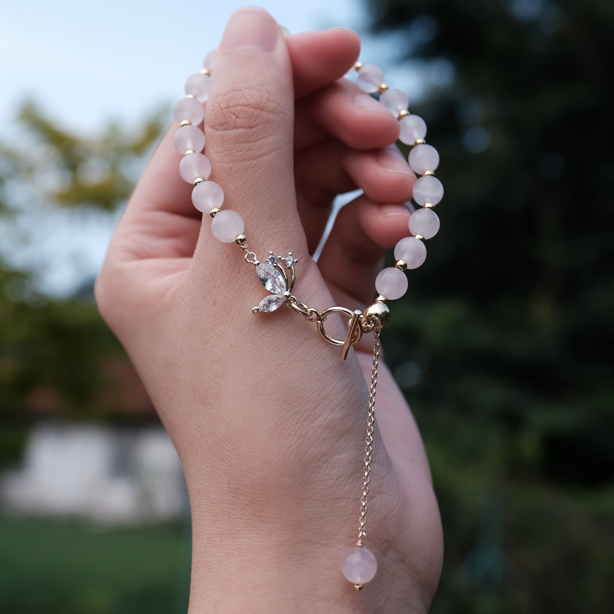 ローズクォーツ ラブ バタフライ クリスタル ブレスレット