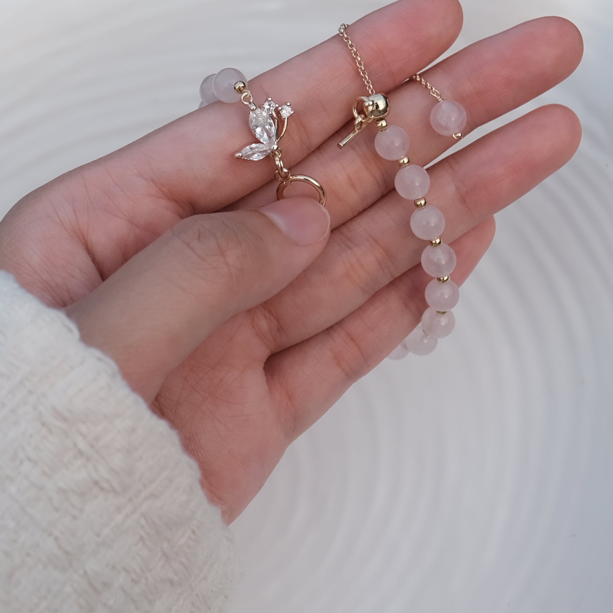 ローズクォーツ ラブ バタフライ クリスタル ブレスレット