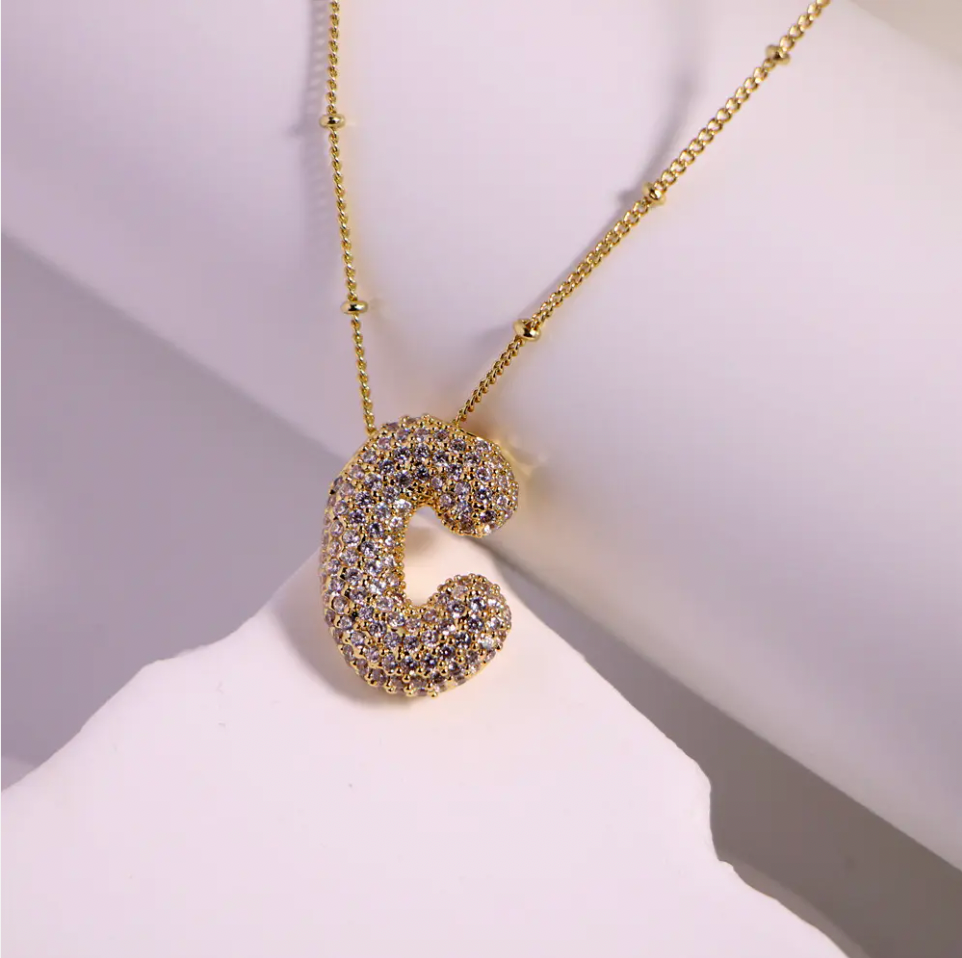 18k Gold Bubble Letter Diamond Necklace
