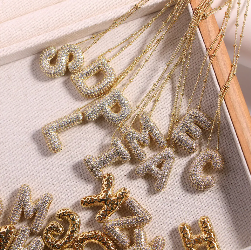 18k Gold Bubble Letter Diamond Necklace