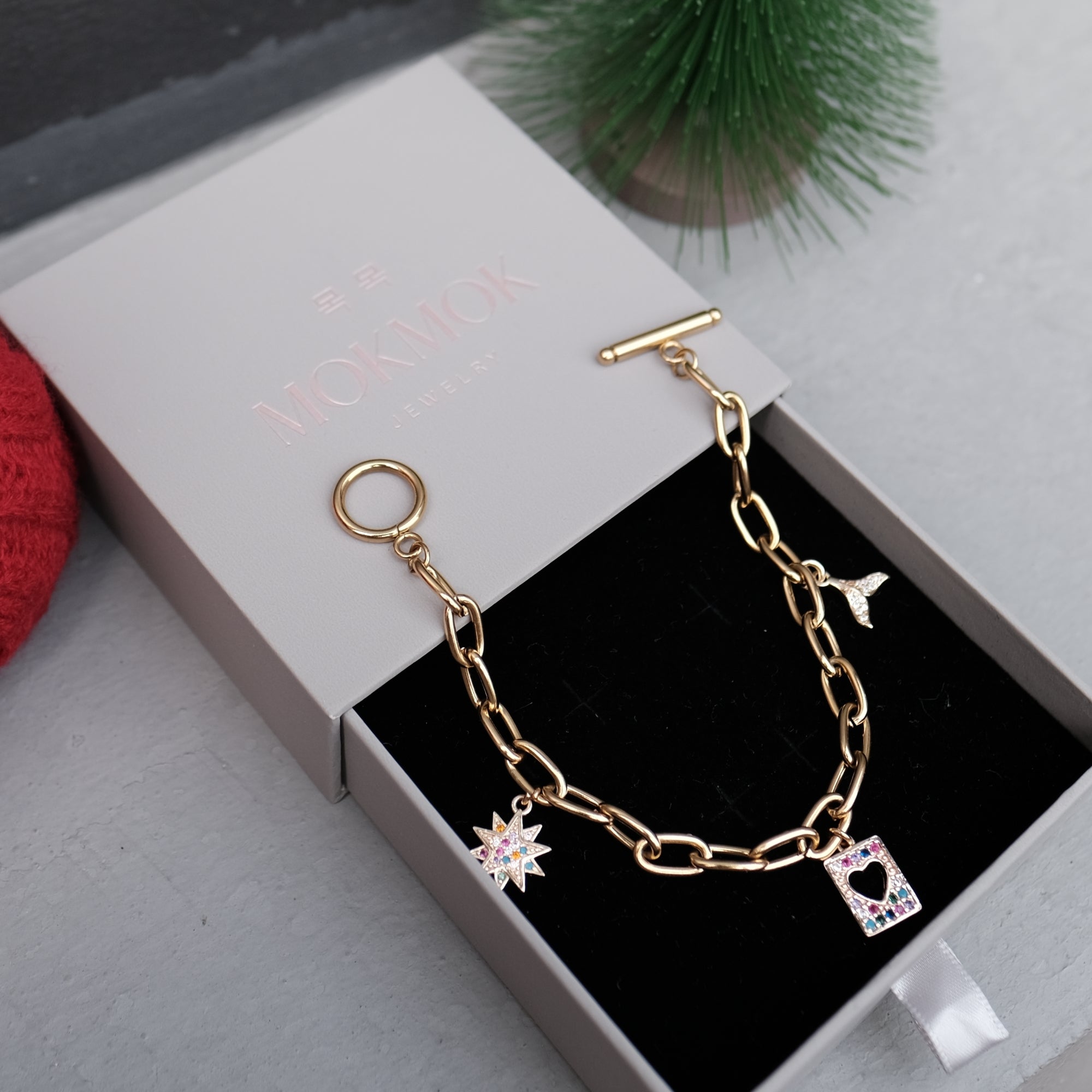 18k Gold Paperclip Chain 3 Charm Bracelet