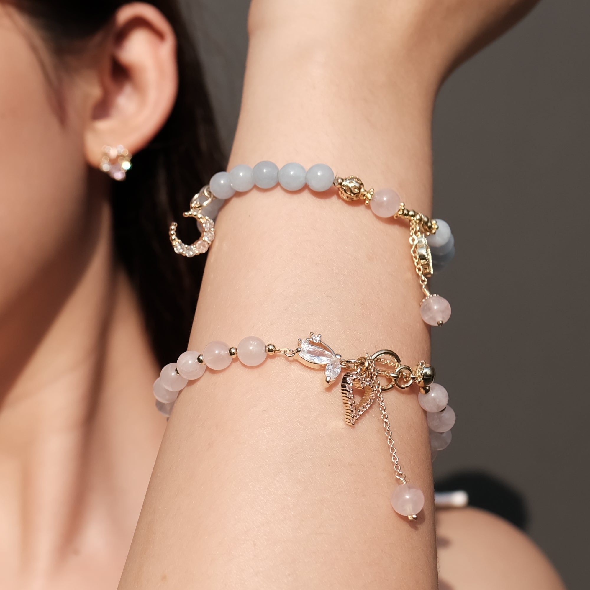 Rose Quartz & Aquamarine Crystal Bracelets (Set of 2)