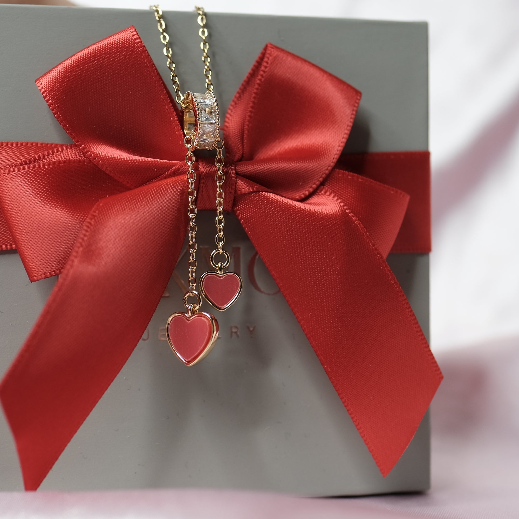 MOKMOK JEWELRY Red Hearts Twin on Diamond Ring Necklace