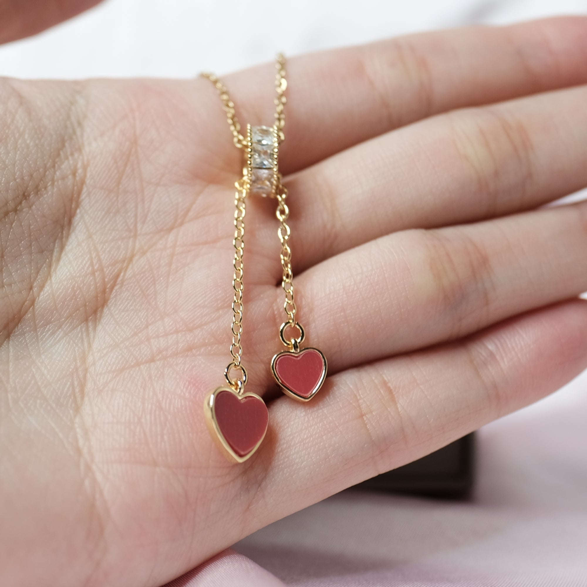 MOKMOK JEWELRY Red Hearts Twin on Diamond Ring Necklace