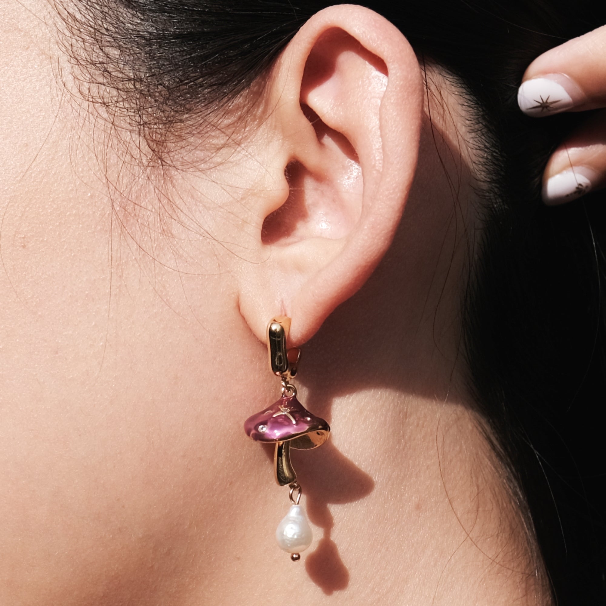 18K Gold hand painted Mushroom pearl earrings