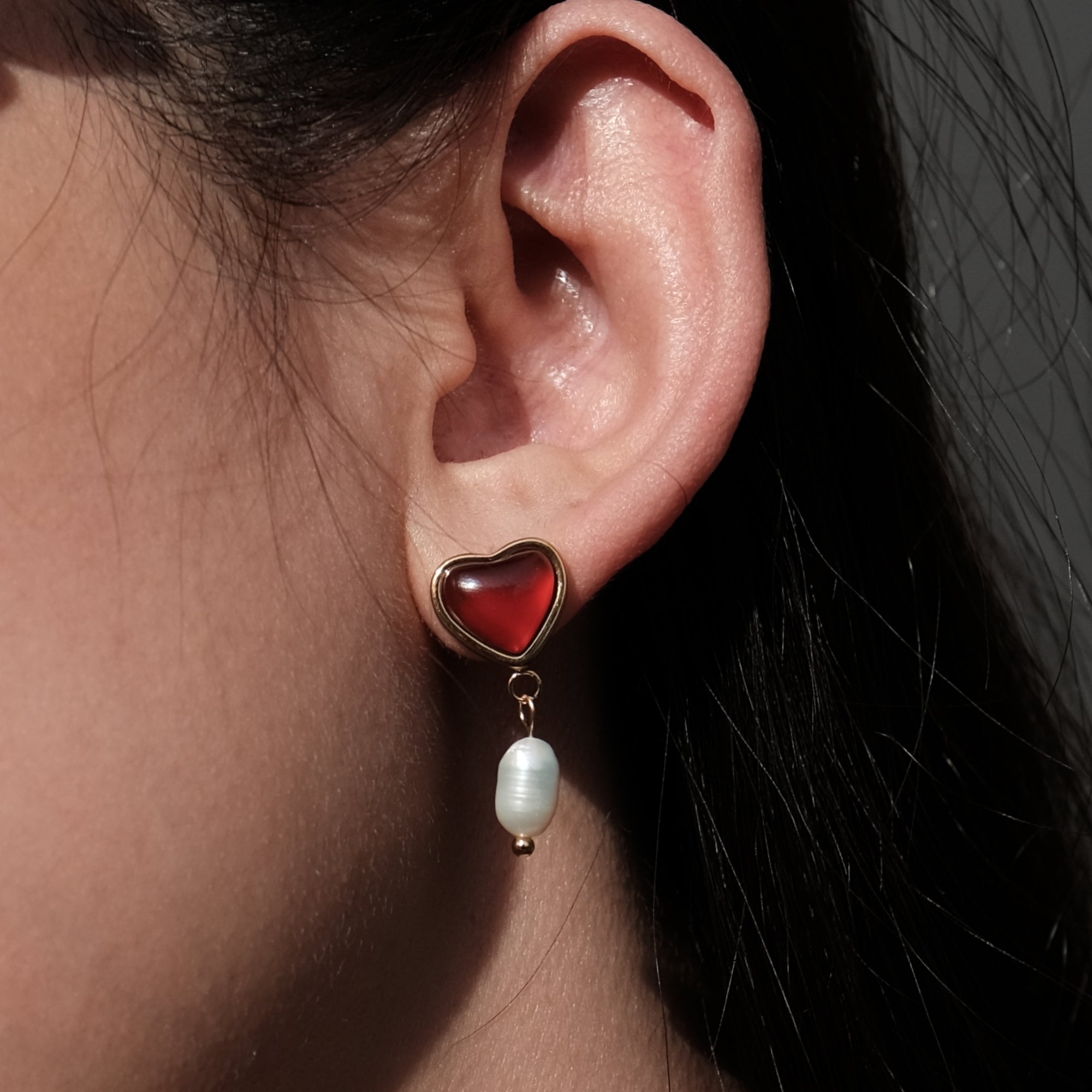 Red Agate Crystal Heart Pearl Earrings