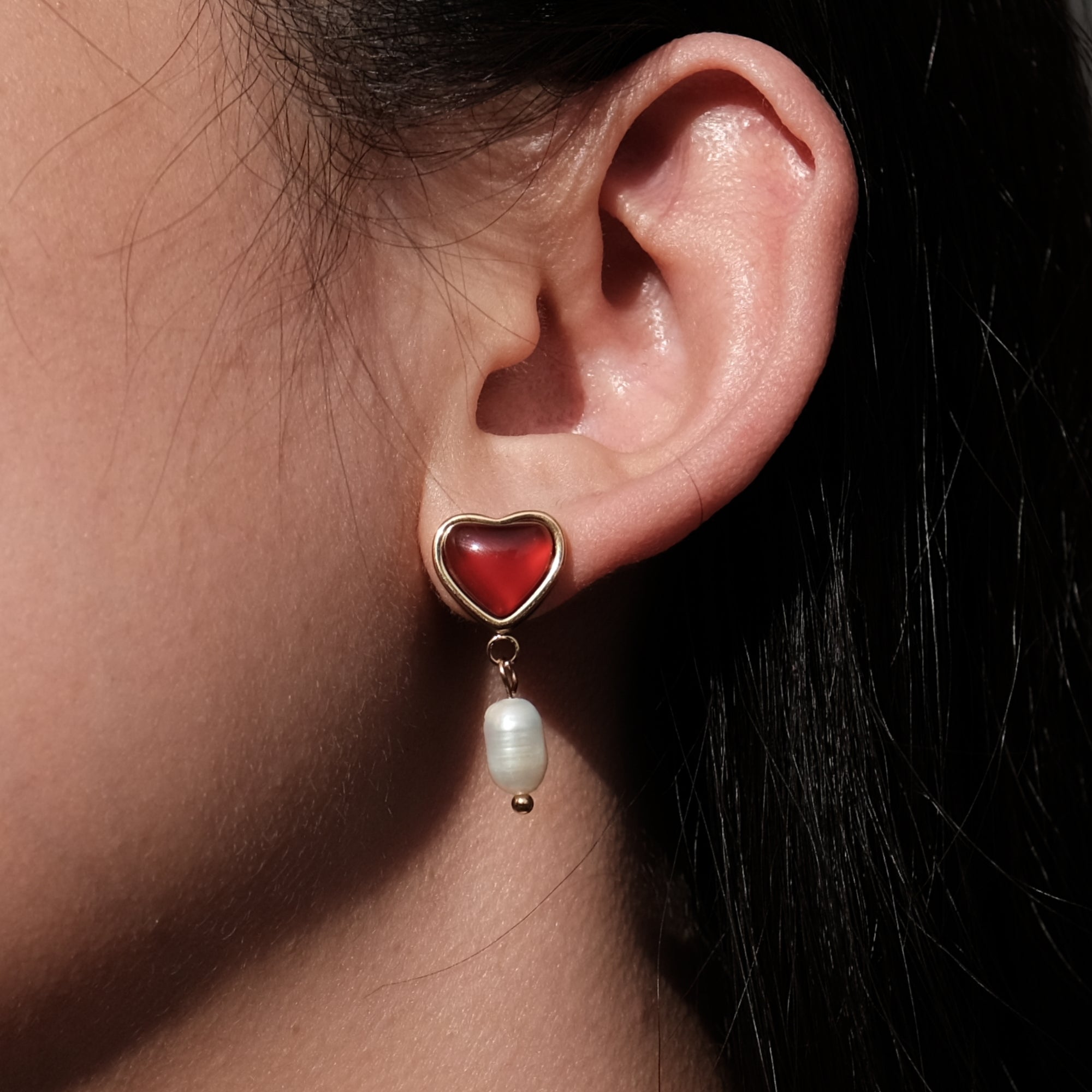Red Agate Crystal Heart Pearl Earrings