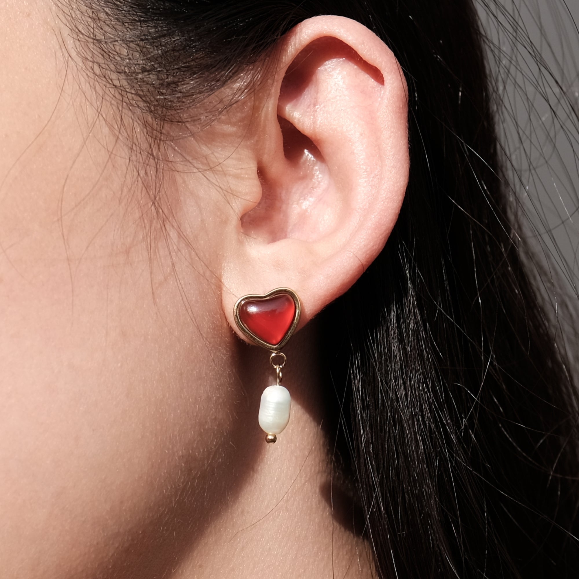 Red Agate Crystal Heart Pearl Earrings