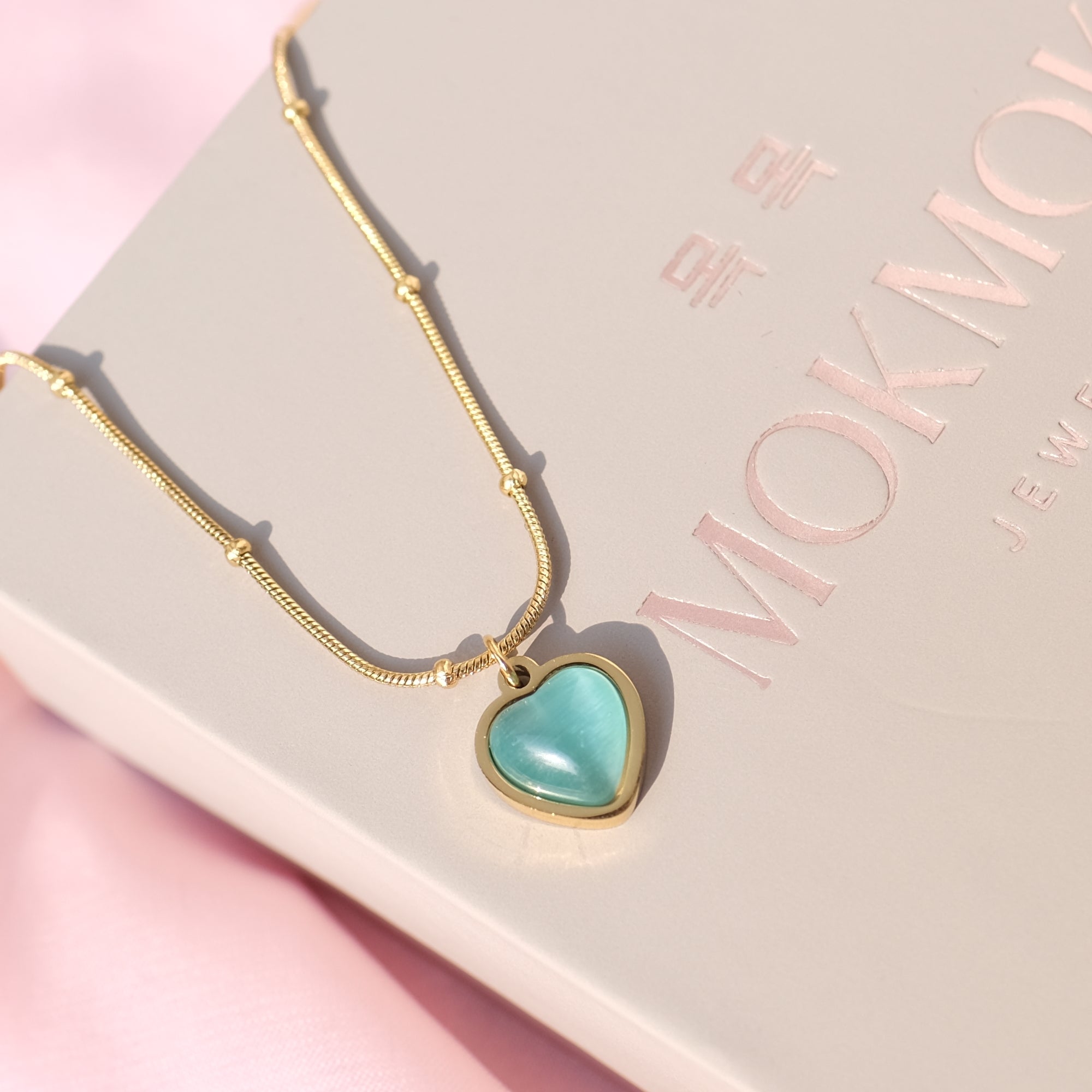 Blue Cat Eye Crystal Heart Necklace - 18k gold-plated stainless steel chain