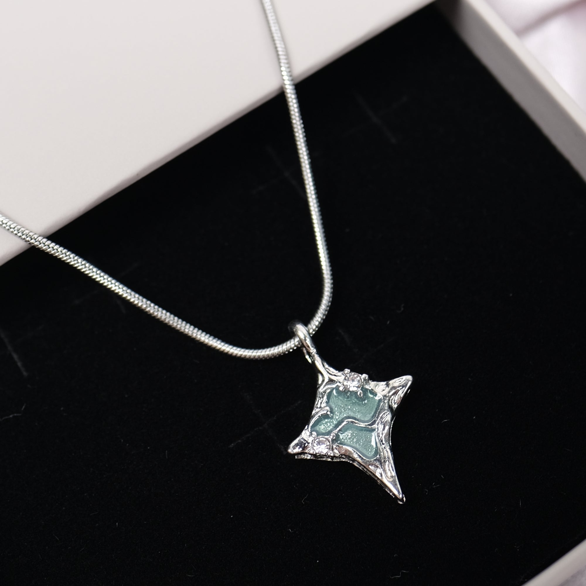 Teal Seafoam Celestial Star Silver Hardware Necklace - stainless steel chain