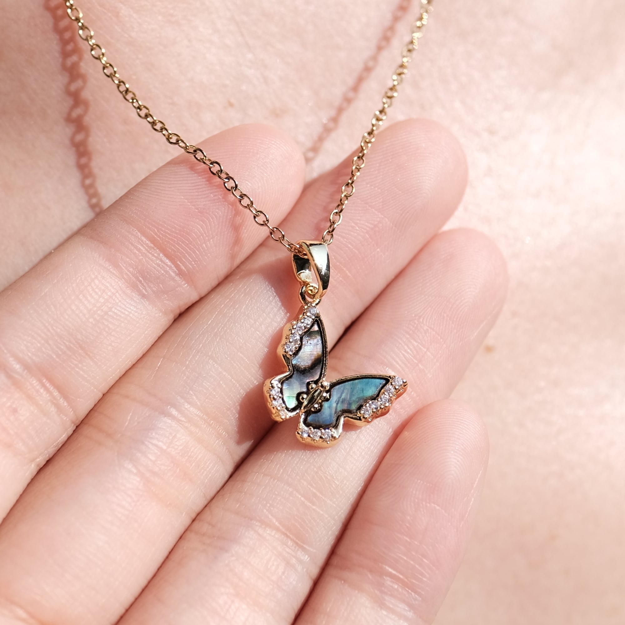 Enchanting Abalone Shell Butterfly Necklace with Zirconium Diamonds - Titanium Steel Chain