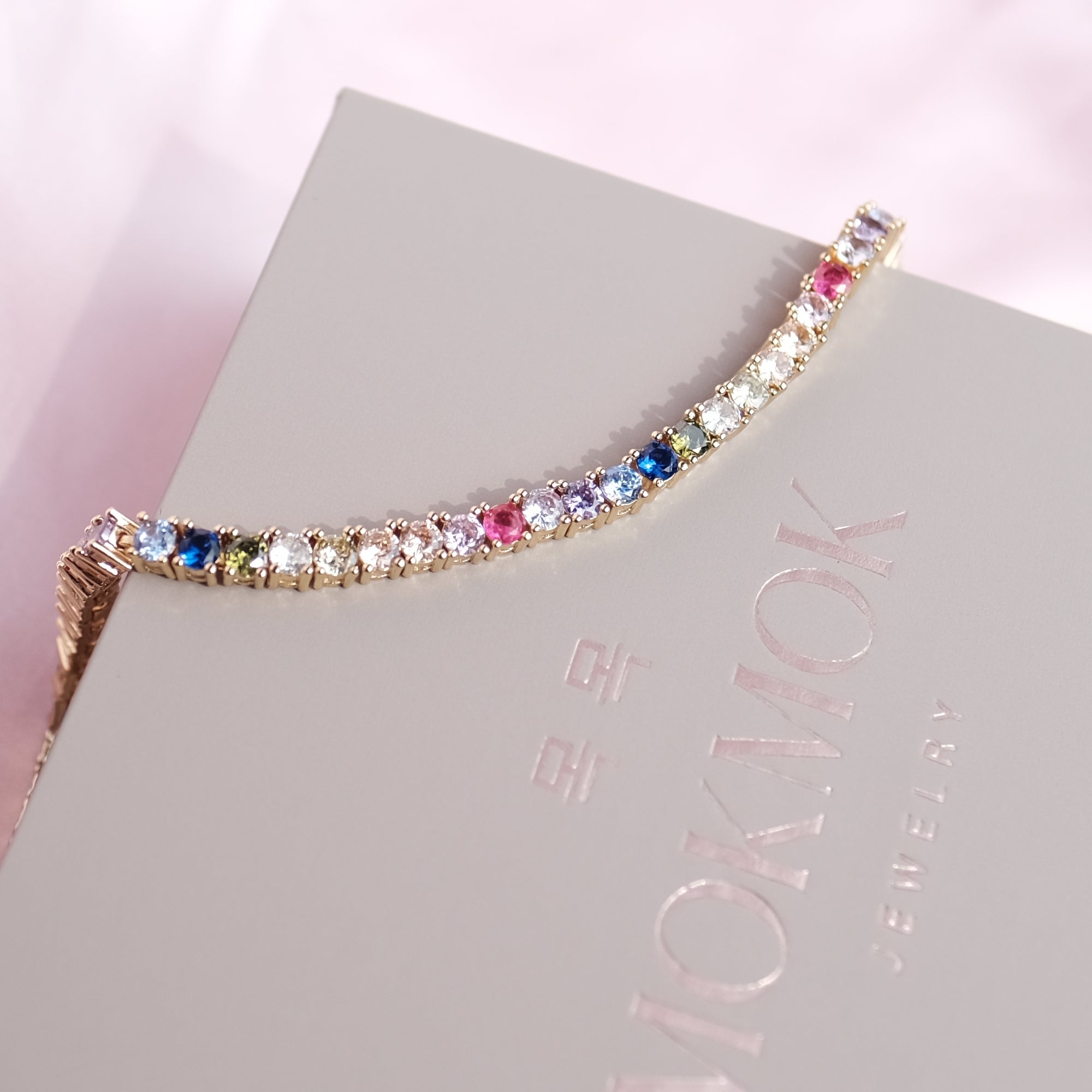 MOKMOK Jewelry LIMITED EDITION Rainbow Tennis Bracelet 4 prong 3mm - in gold