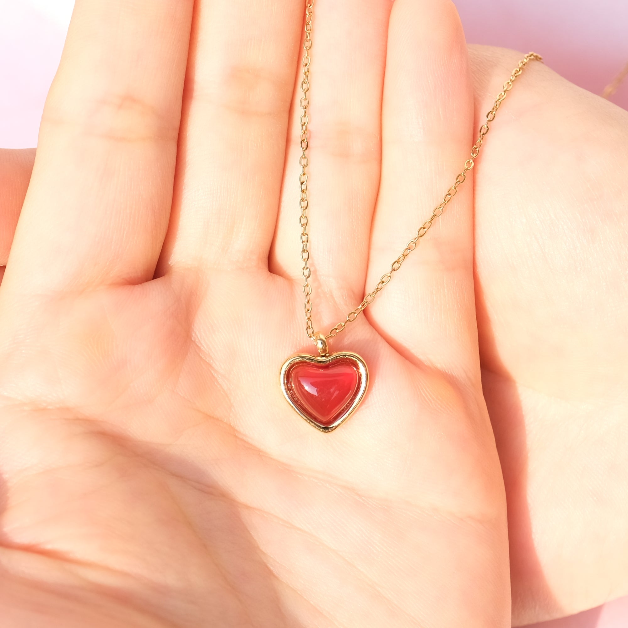 Red Agate Crystal Heart Necklace - 18k gold-plated stainless steel chain