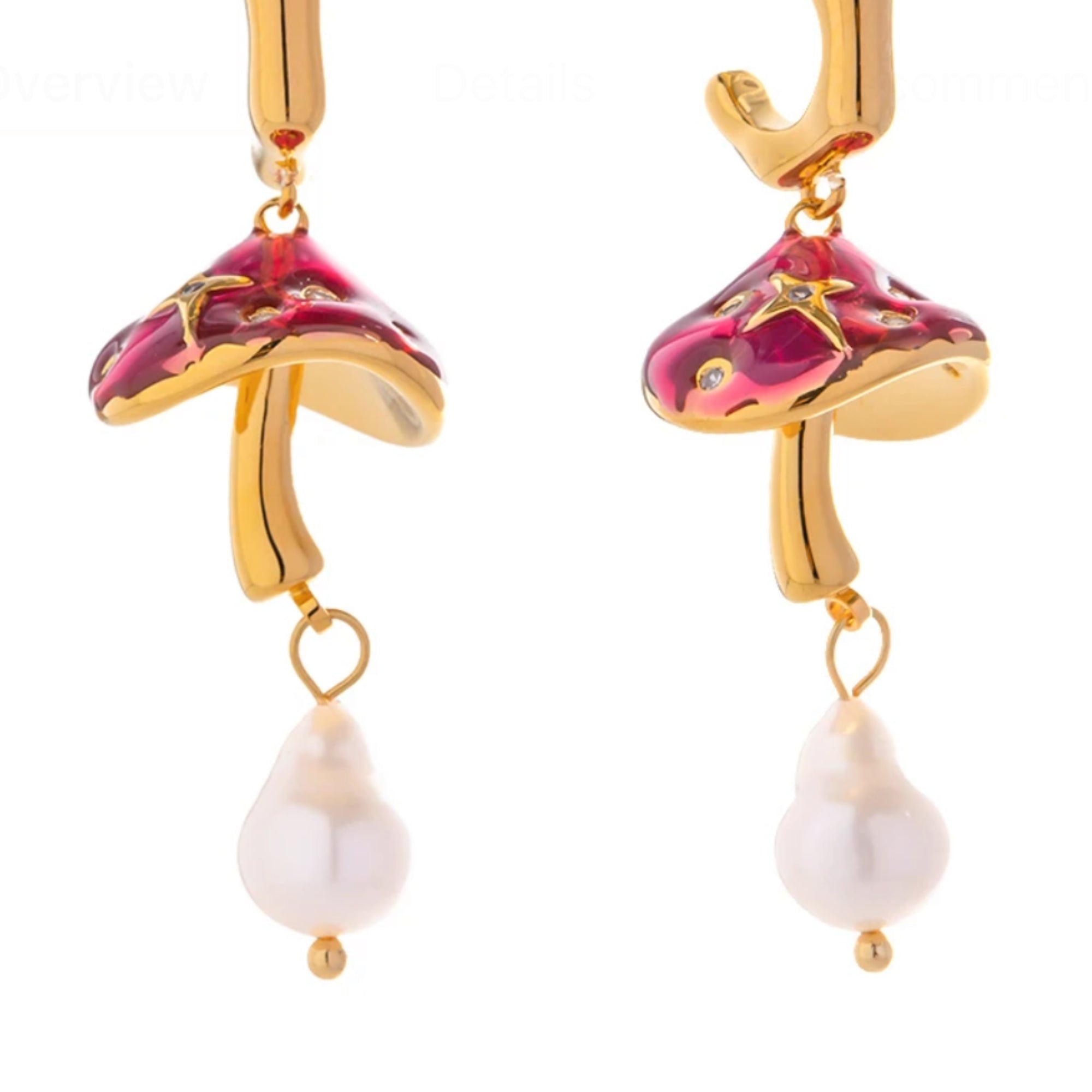 18K Gold hand painted Mushroom pearl earrings