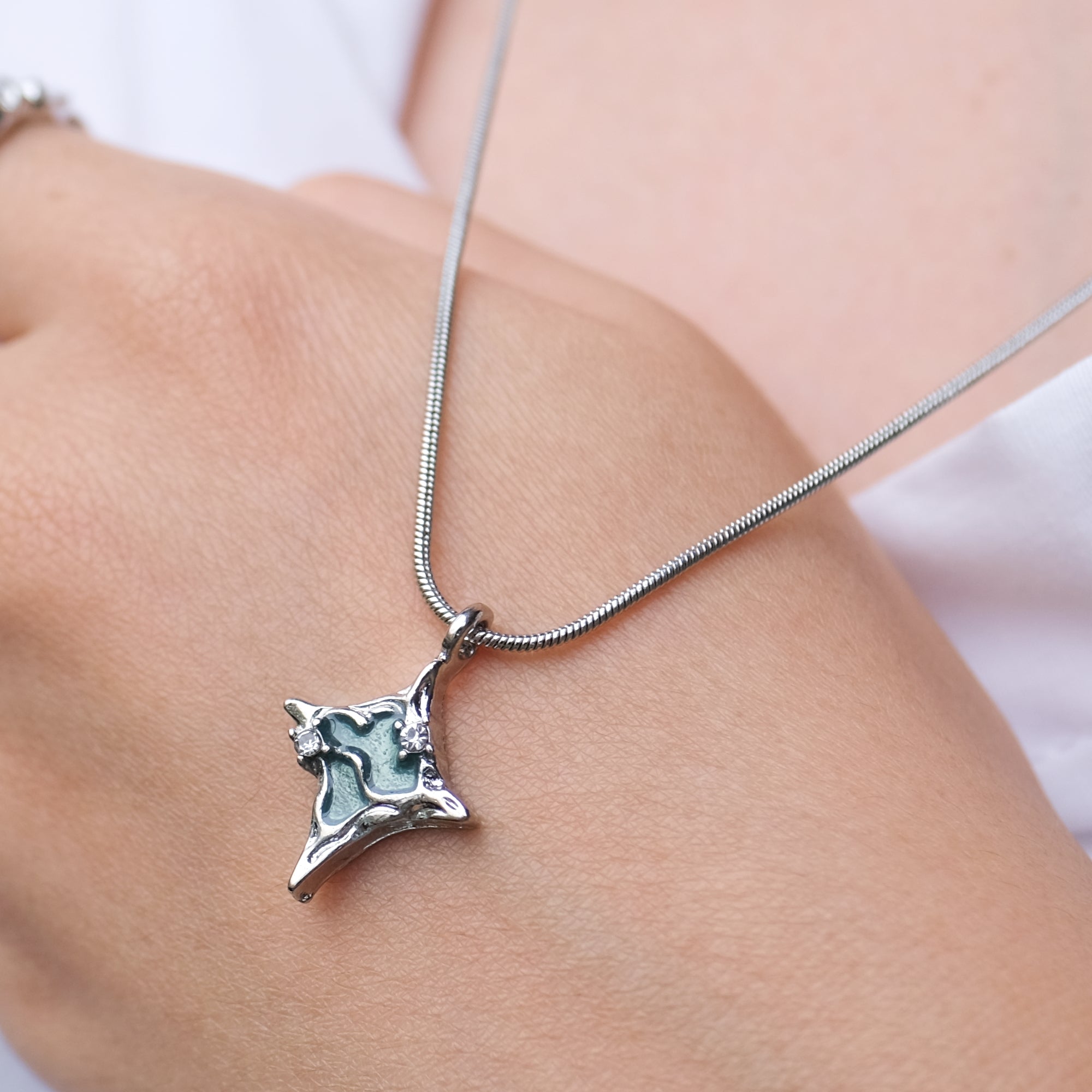 Teal Seafoam Celestial Star Silver Hardware Necklace - stainless steel chain