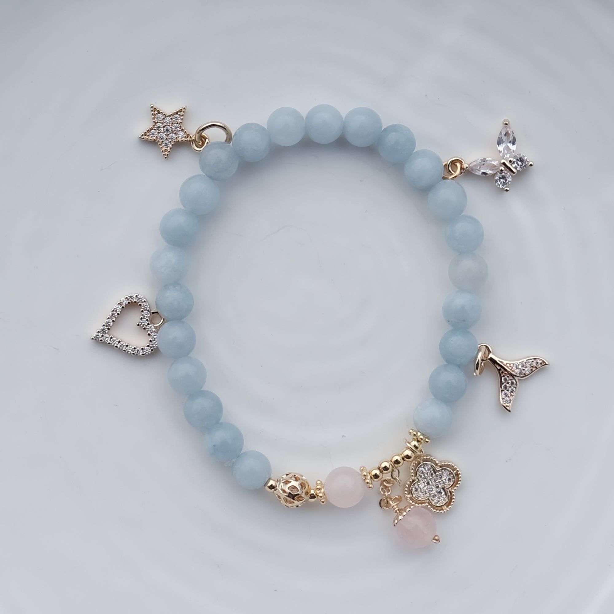 4 charm Aquamarine Tranquility Clover Crystal Bracelet