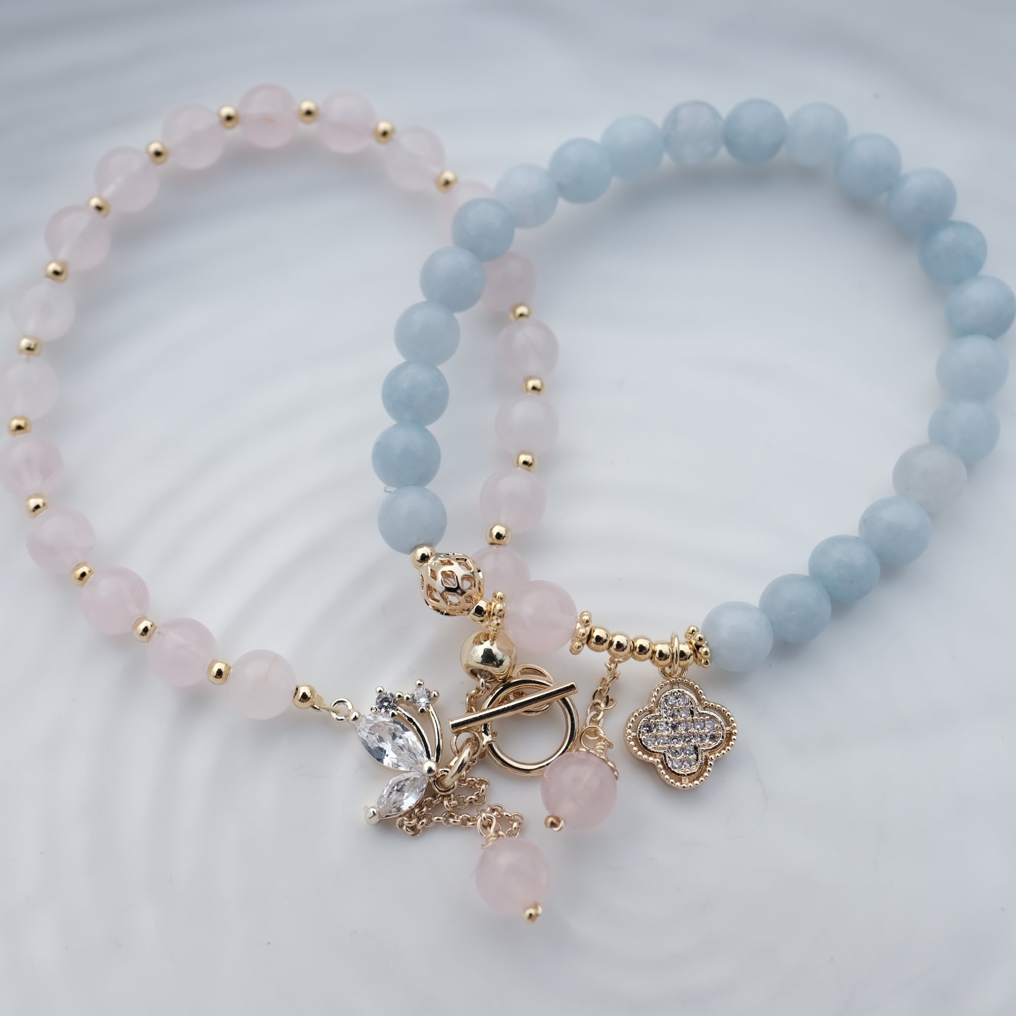 Rose Quartz & Aquamarine Crystal Bracelets (Set of 2)