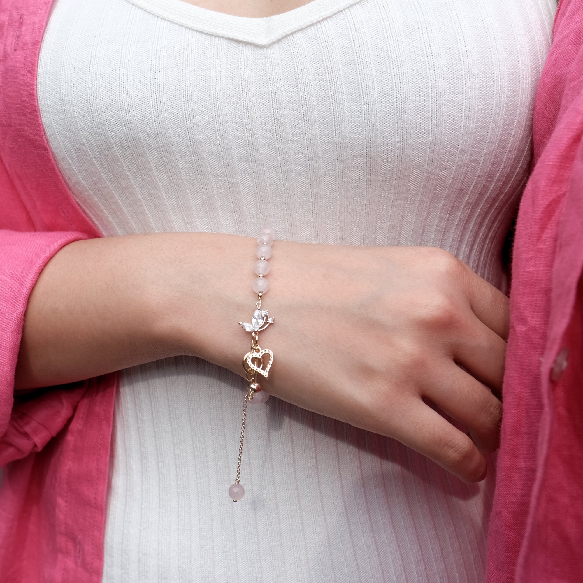 Rose Quartz Bracelet ,Pink Rose Quartz Gold filled & Sterling Silver Heart Charm  bracelet, Love Bracelet, Dainty Rose Quartz Bracelet