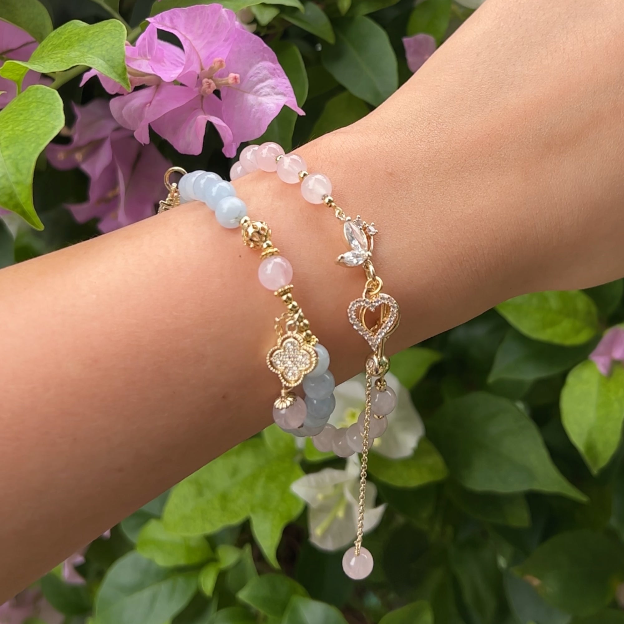 Jade, Rose Quartz & Aquamarine Crystal Bracelets (Set of 3)
