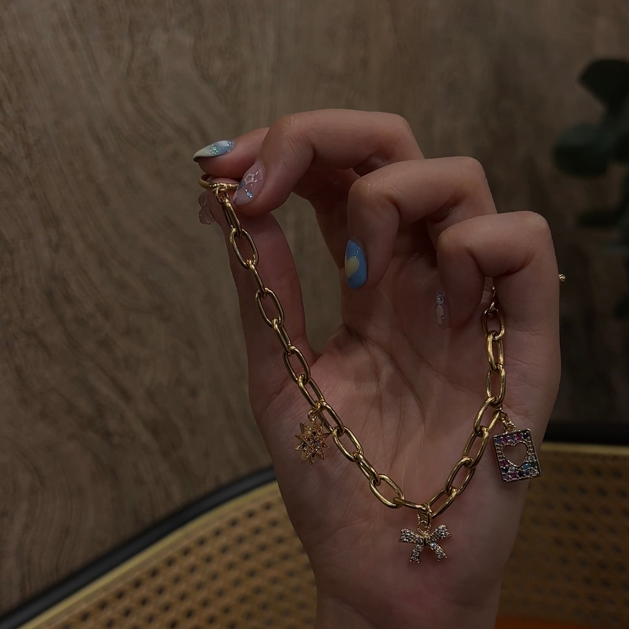 18k Gold Paperclip Chain 3 Charm Bracelet