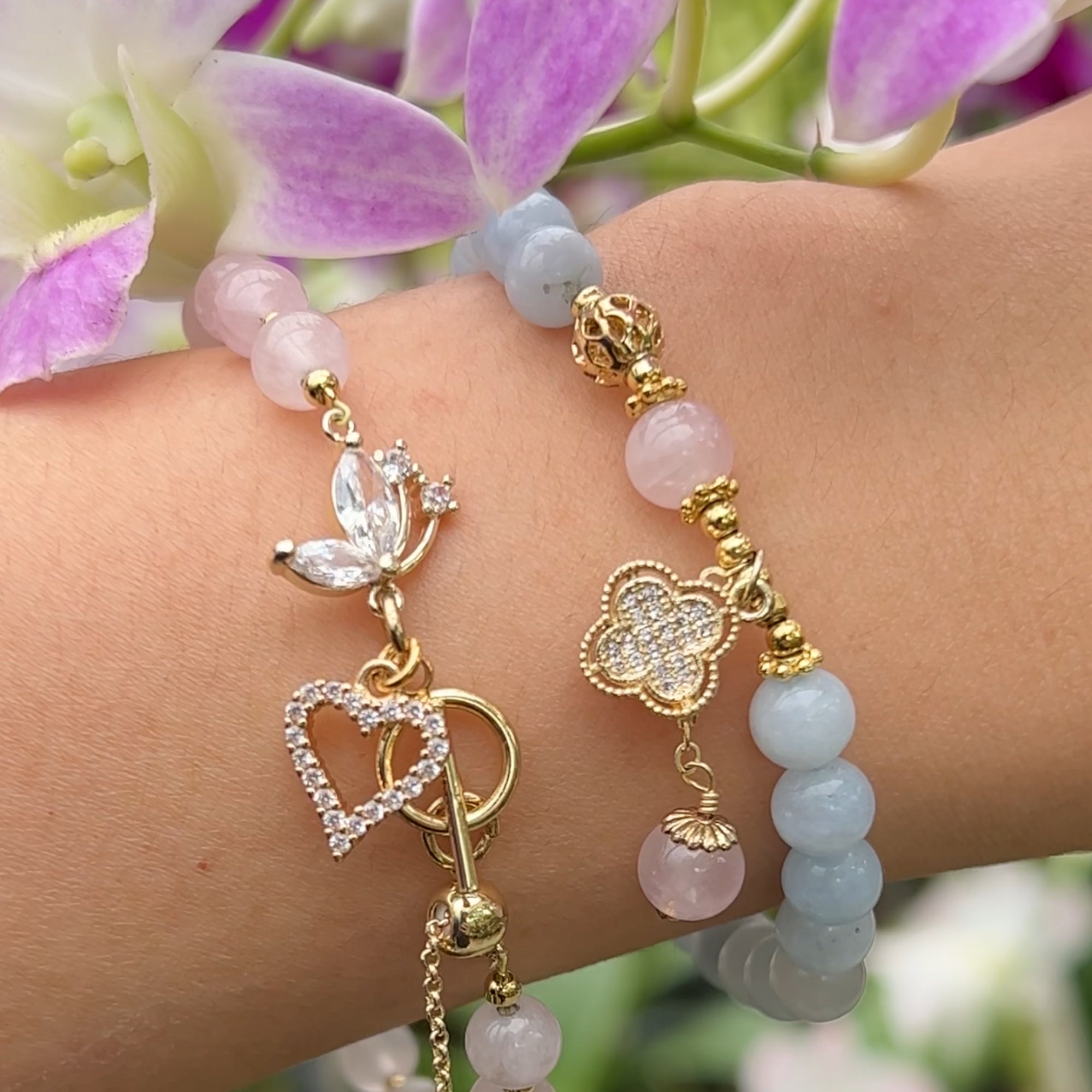 Jade, Rose Quartz & Aquamarine Crystal Bracelets (Set of 3)